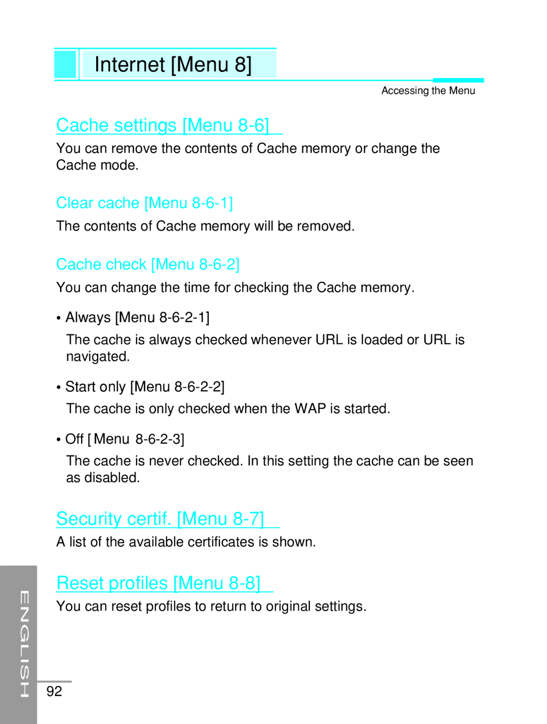 LG Electronics G5200 Cache settings Menu, Security certif. Menu, Reset profiles Menu, Clear cache Menu, Cache check Menu 