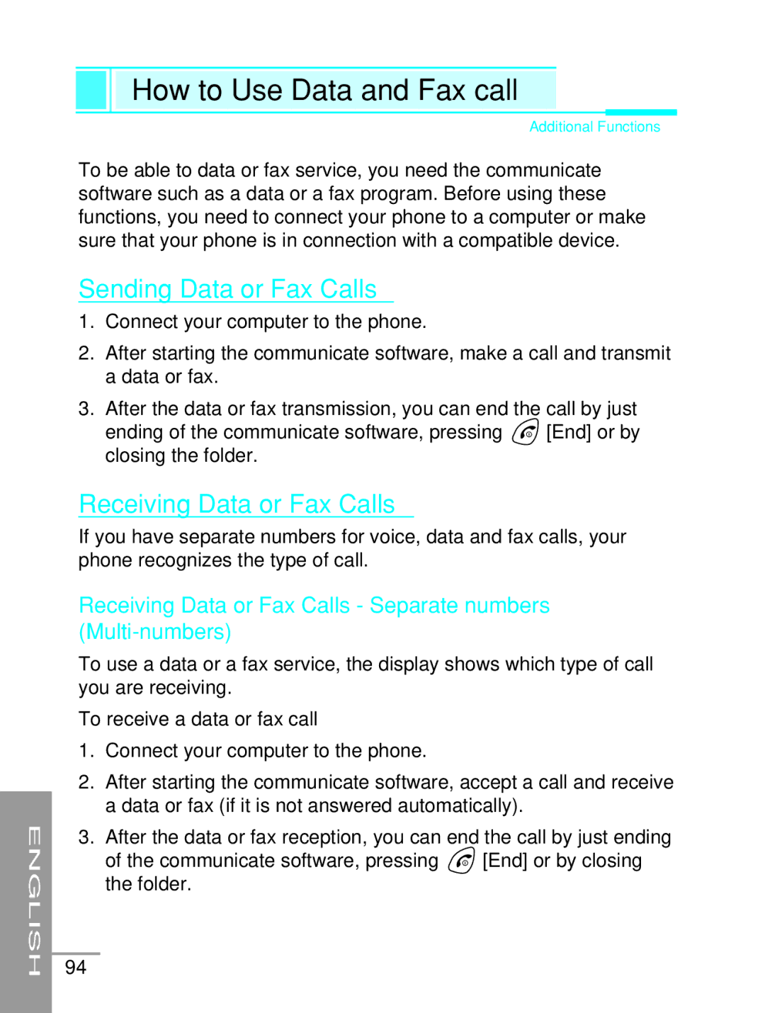 LG Electronics G5200 user manual How to Use Data and Fax call, Sending Data or Fax Calls, Receiving Data or Fax Calls 