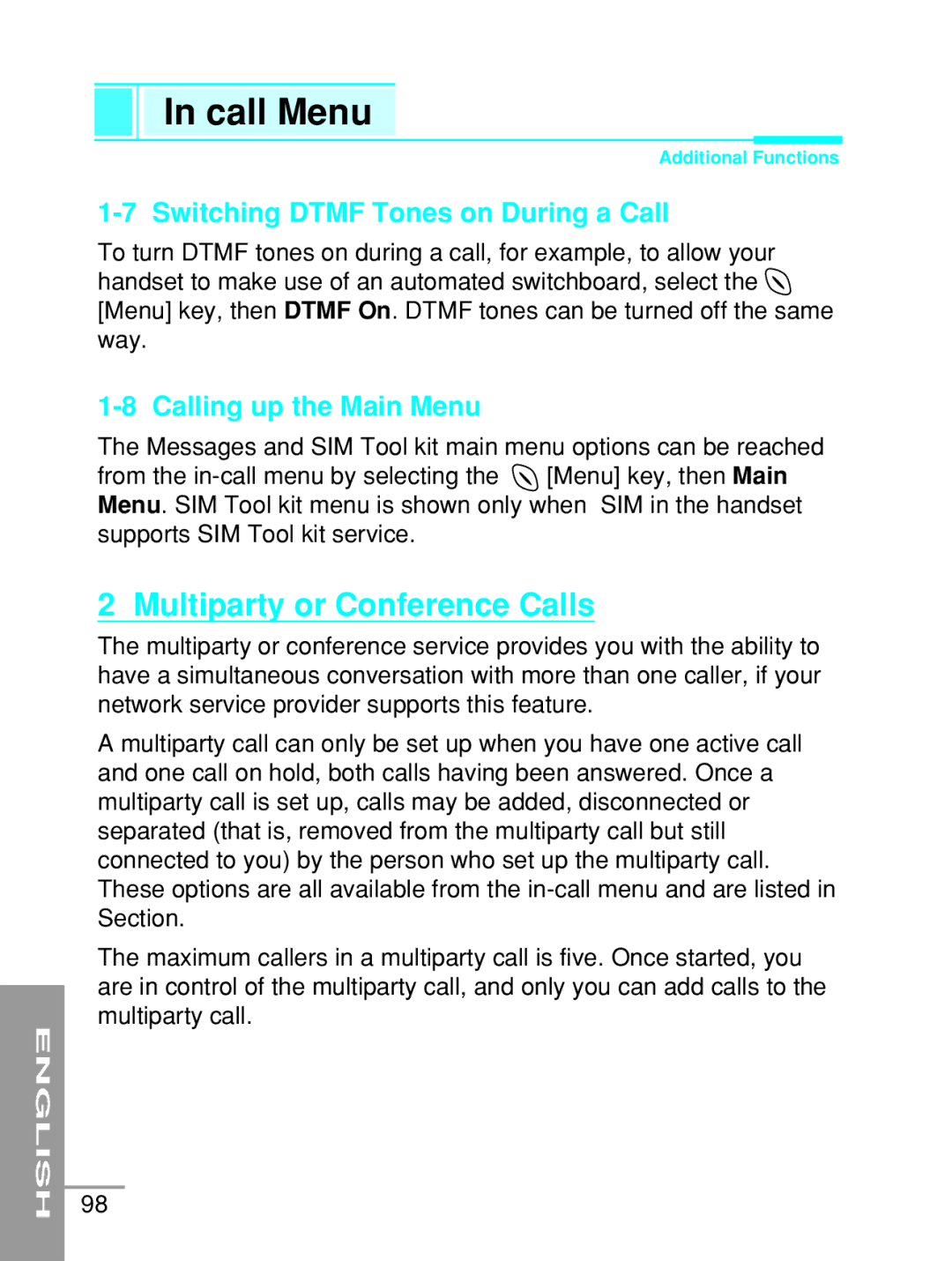 LG Electronics G5200 Multiparty or Conference Calls, Switching Dtmf Tones on During a Call, Calling up the Main Menu 