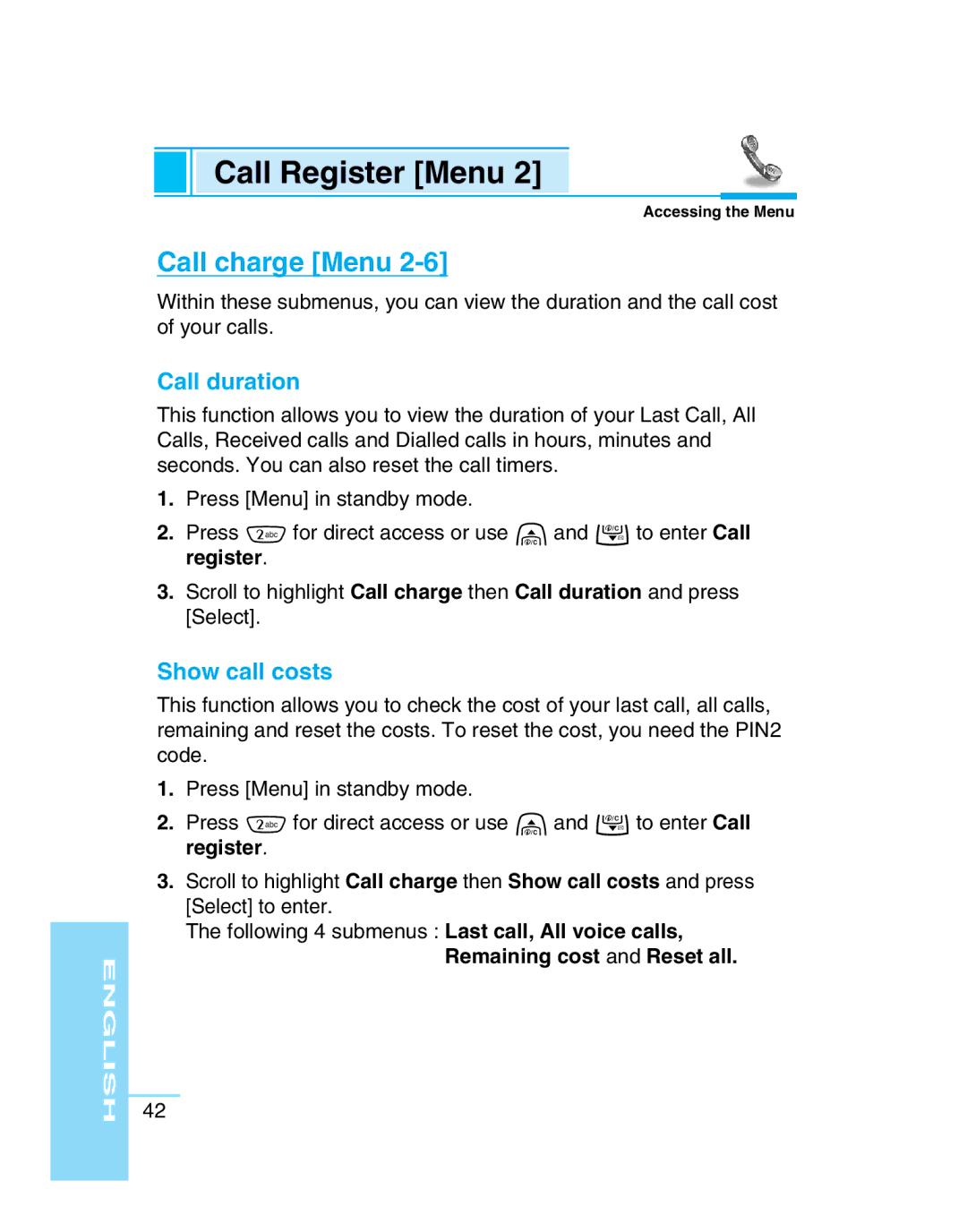 LG Electronics G5300 user manual Call charge Menu, Call duration, Show call costs, Remaining cost and Reset all 