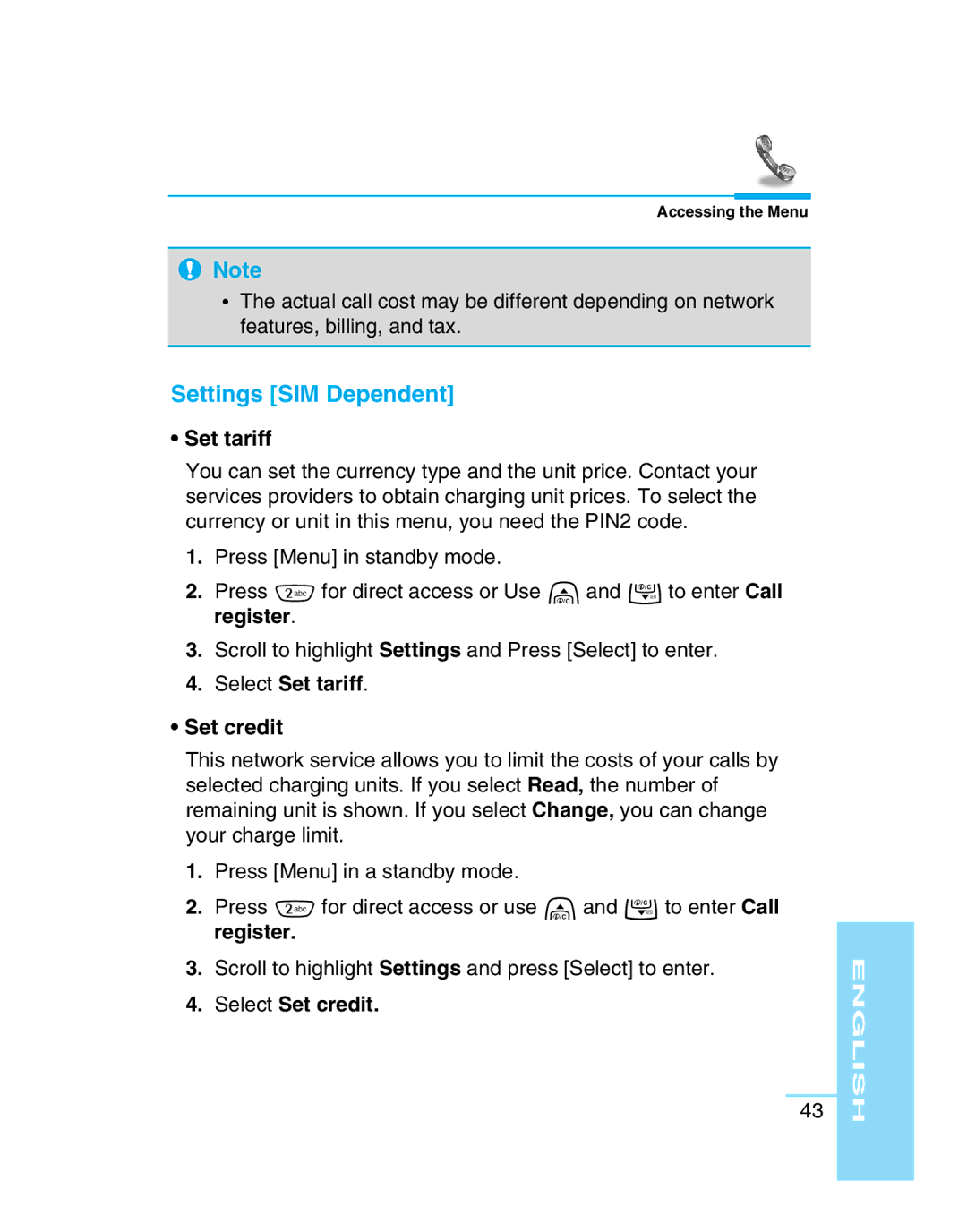 LG Electronics G5300 user manual Settings SIM Dependent, Select Set tariff Set credit, Select Set credit 