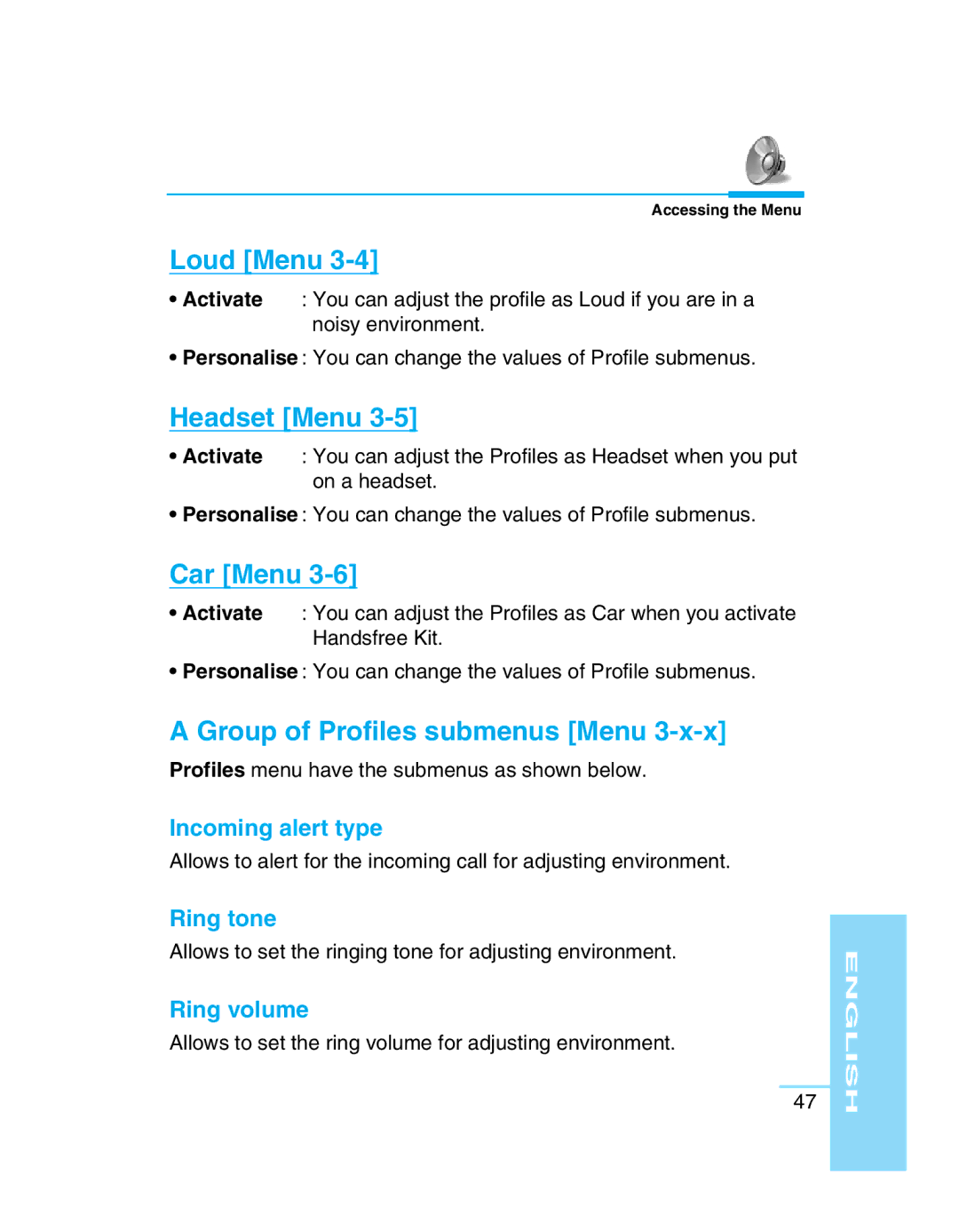 LG Electronics G5300 user manual Loud Menu, Headset Menu, Car Menu, Group of Profiles submenus Menu 