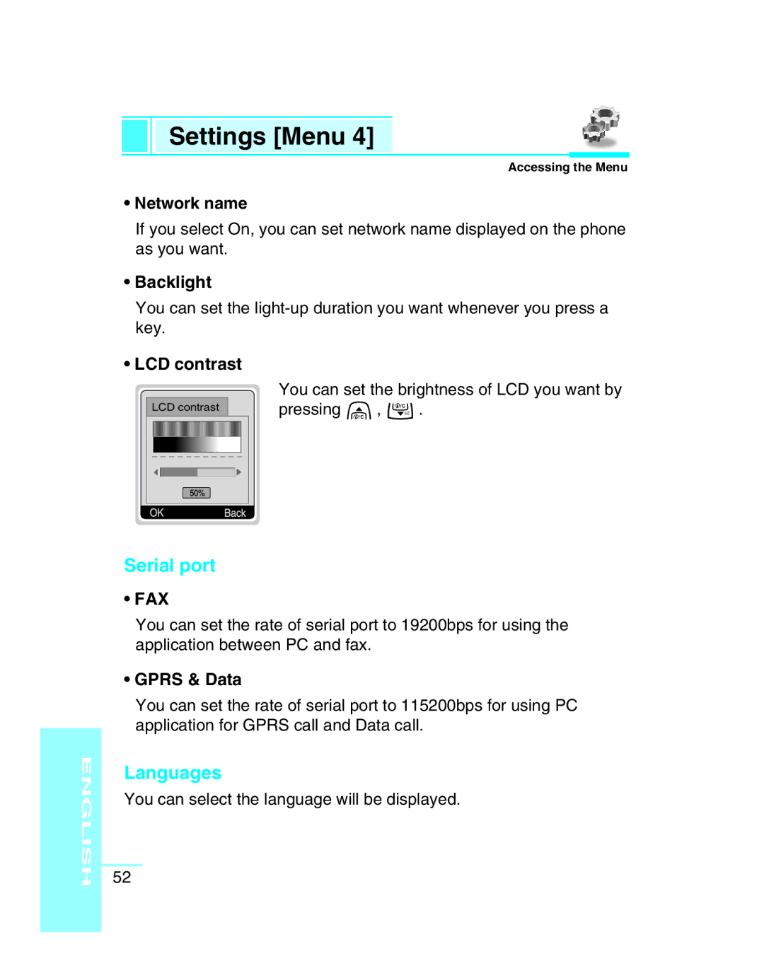 LG Electronics G5300 user manual Serial port, Network name, Backlight, LCD contrast, Gprs & Data 