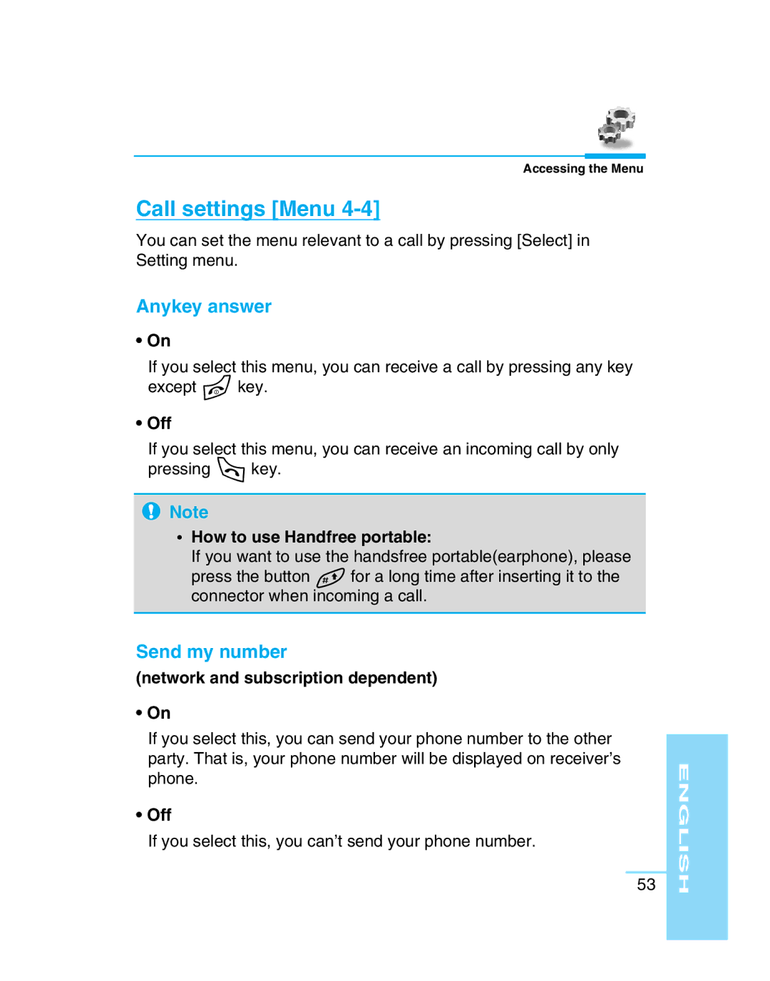 LG Electronics G5300 user manual Call settings Menu, Anykey answer, Send my number, How to use Handfree portable 