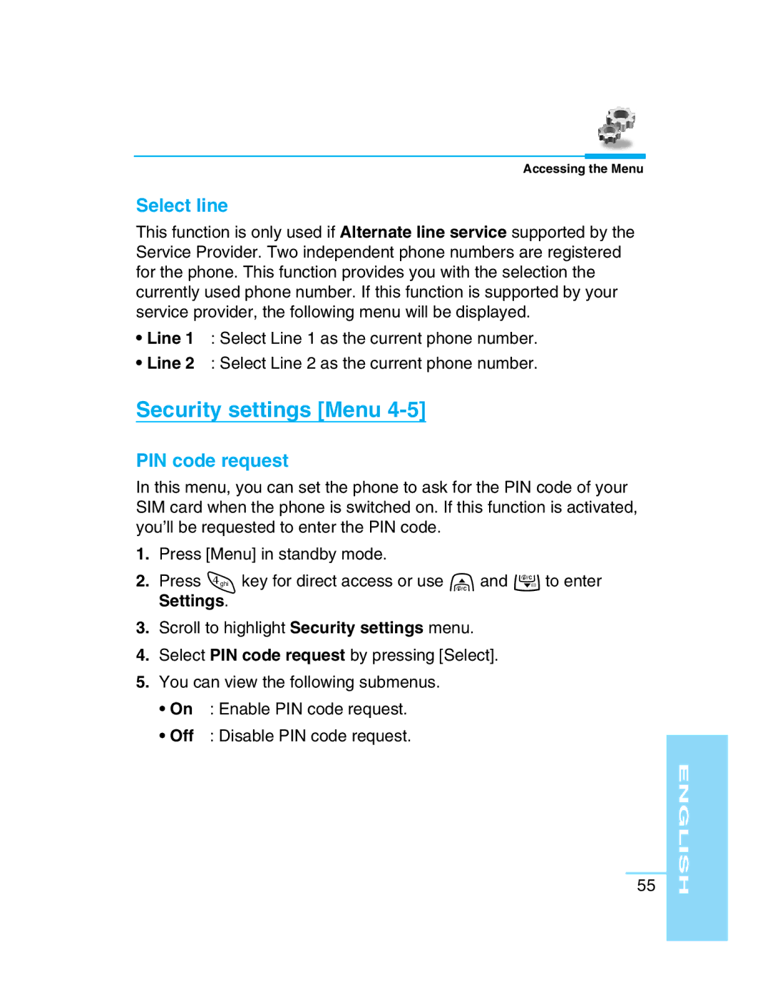 LG Electronics G5300 user manual Security settings Menu, Select line, PIN code request 