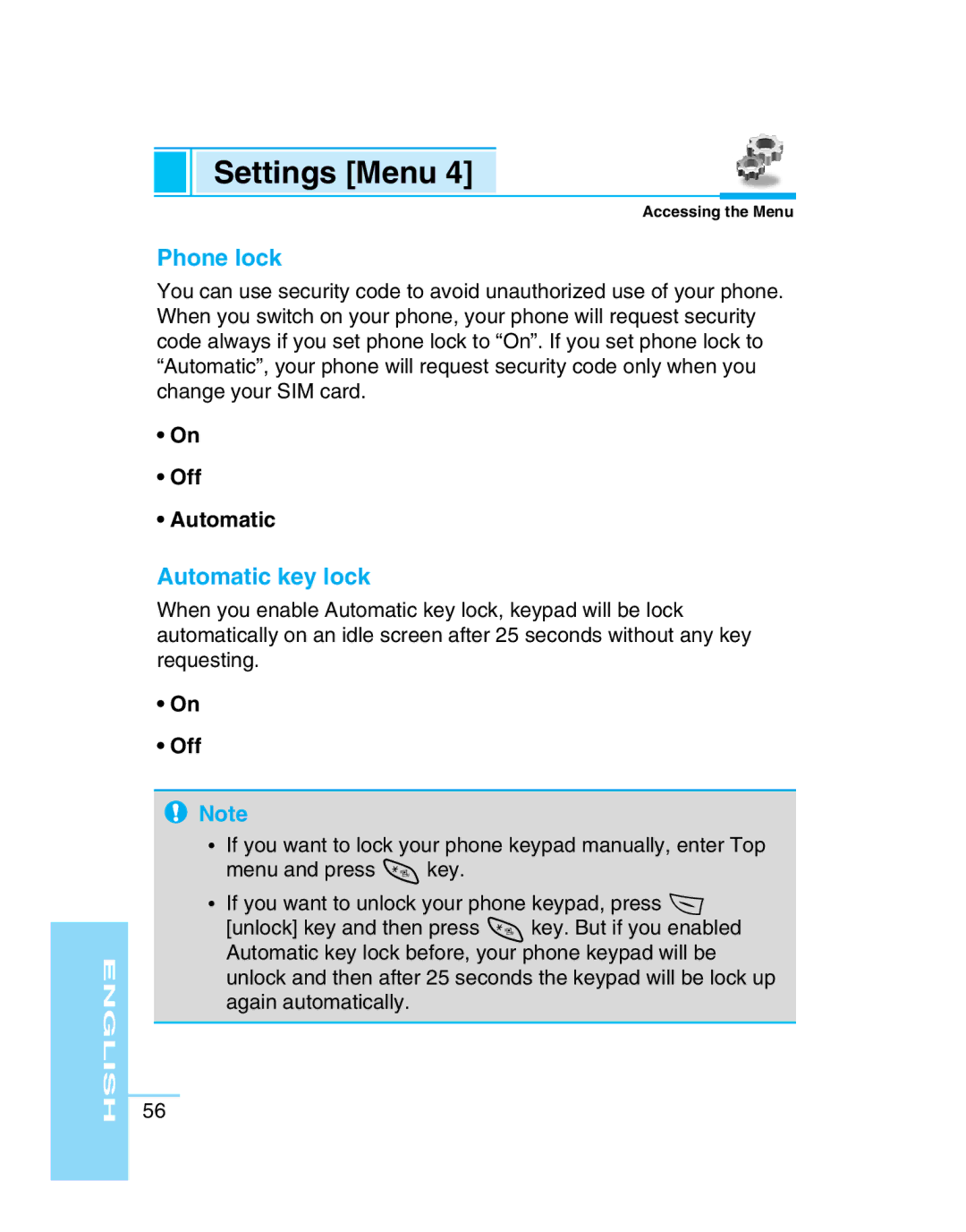 LG Electronics G5300 user manual Phone lock, Automatic key lock, Off Automatic 