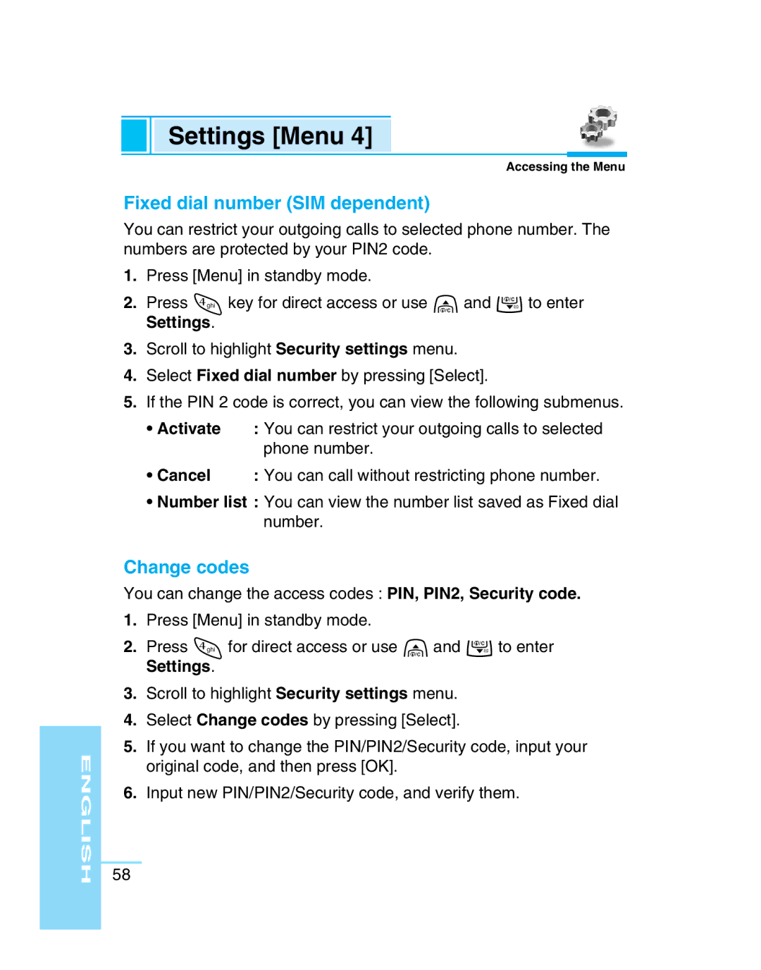 LG Electronics G5300 user manual Fixed dial number SIM dependent, Change codes, Activate, Phone number, Cancel 