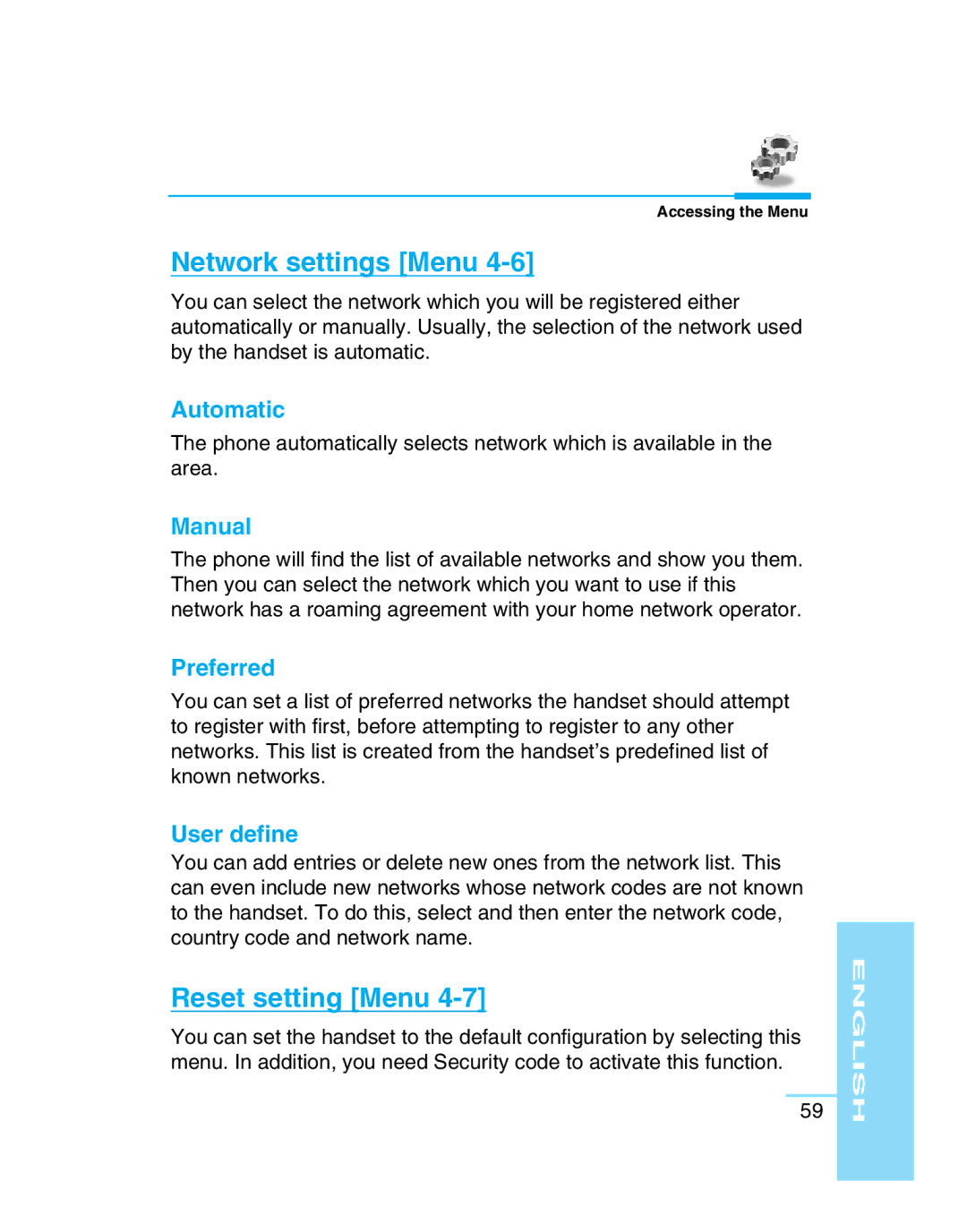 LG Electronics G5300 user manual Network settings Menu, Reset setting Menu 