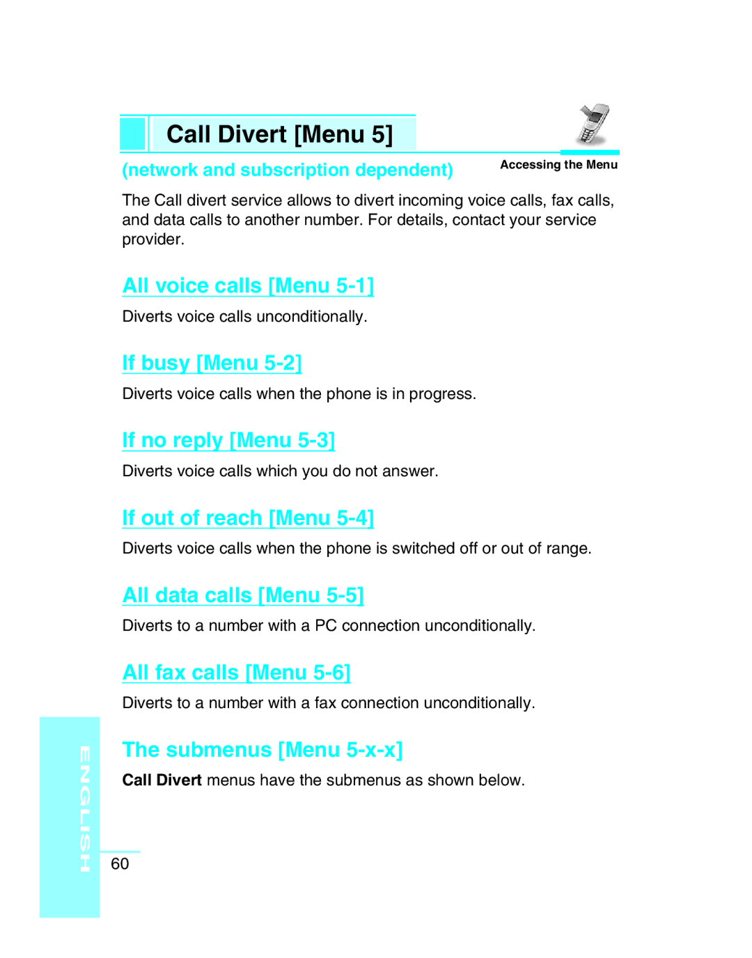 LG Electronics G5300 user manual Call Divert Menu 