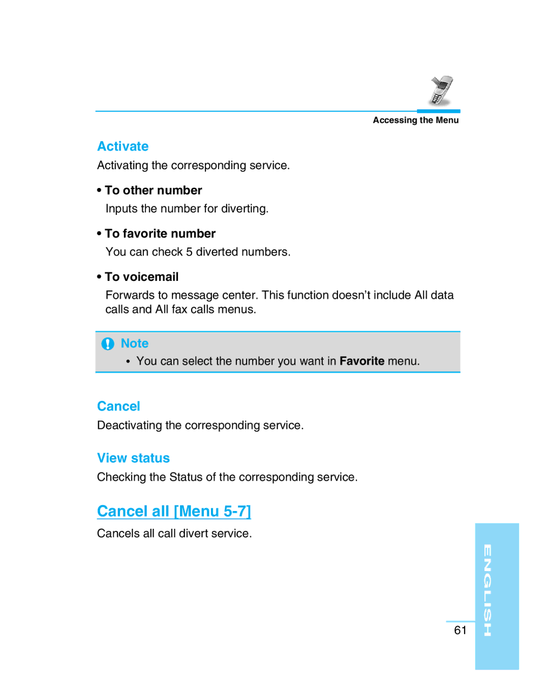 LG Electronics G5300 user manual Cancel all Menu, Activate, View status 