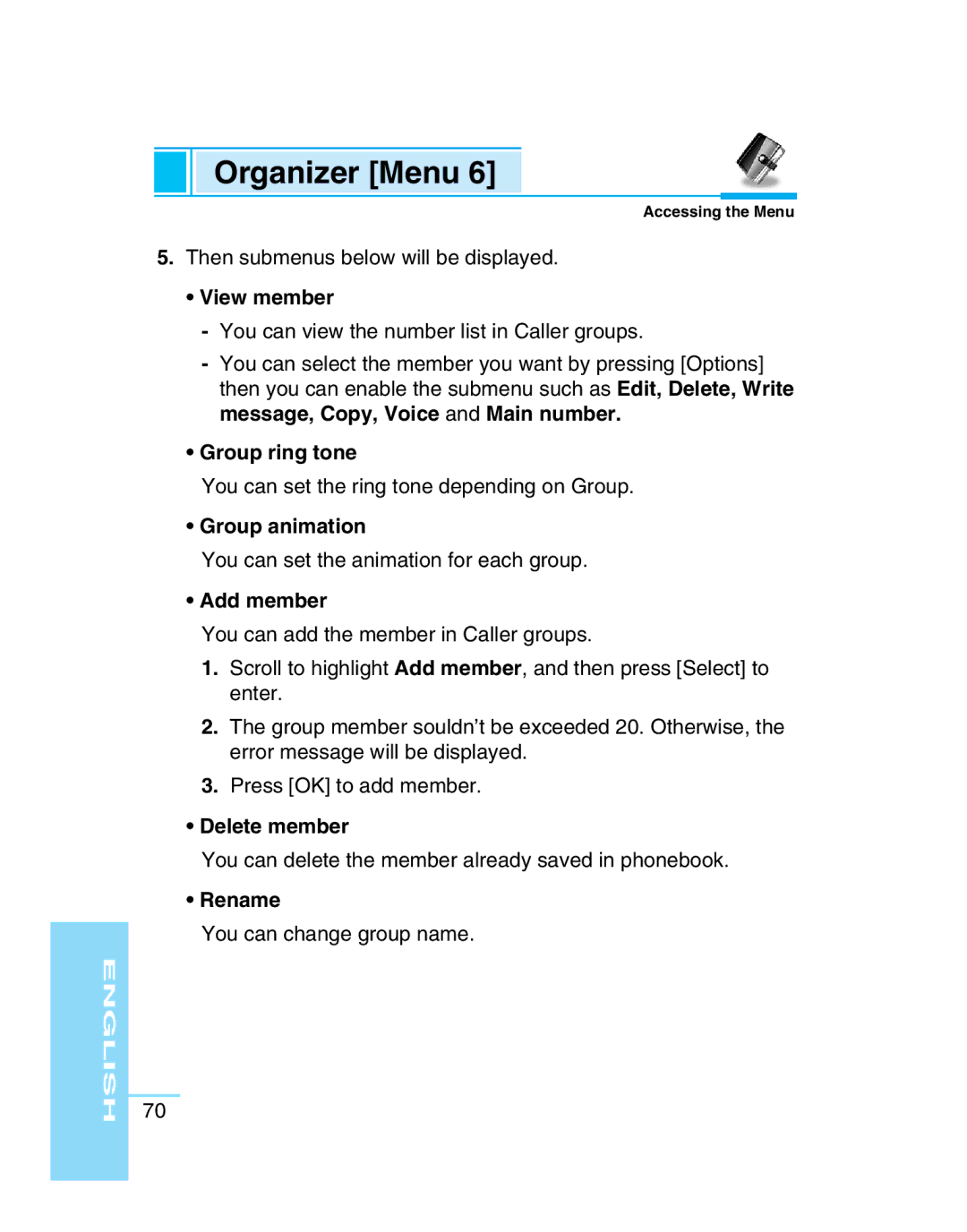 LG Electronics G5300 user manual View member, Group ring tone, Group animation, Add member, Delete member, Rename 