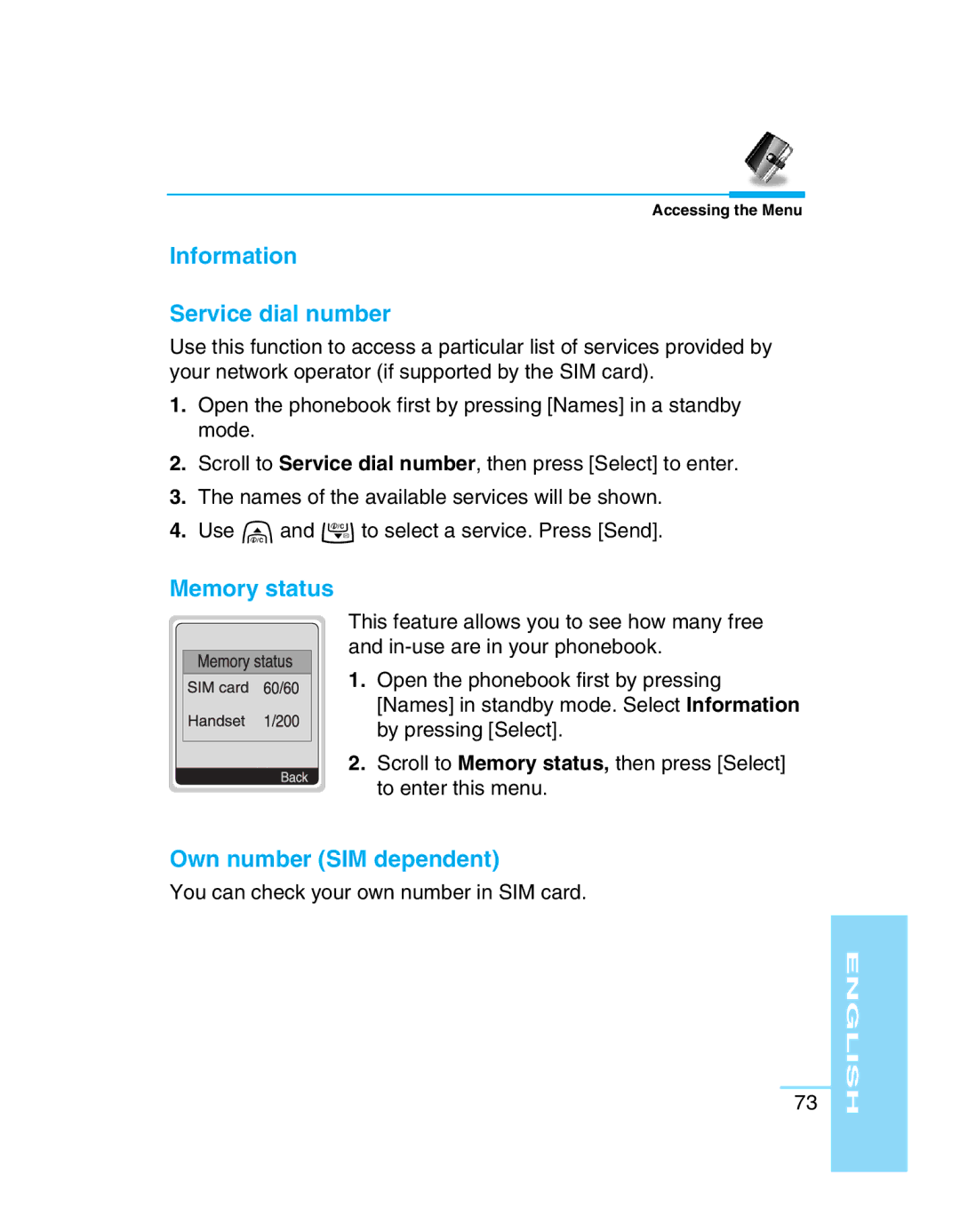 LG Electronics G5300 user manual Information Service dial number, Memory status, Own number SIM dependent 