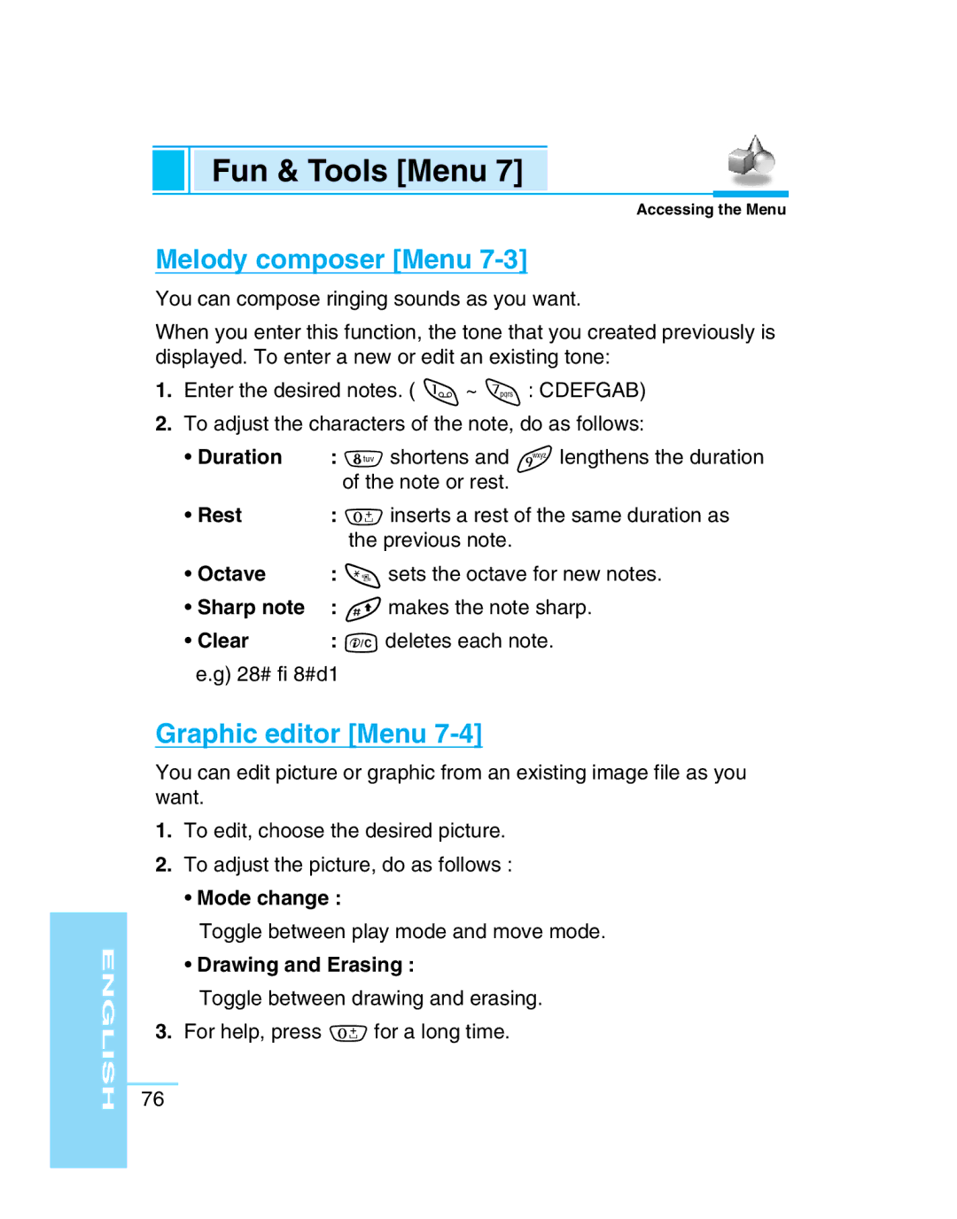 LG Electronics G5300 user manual Melody composer Menu, Graphic editor Menu 