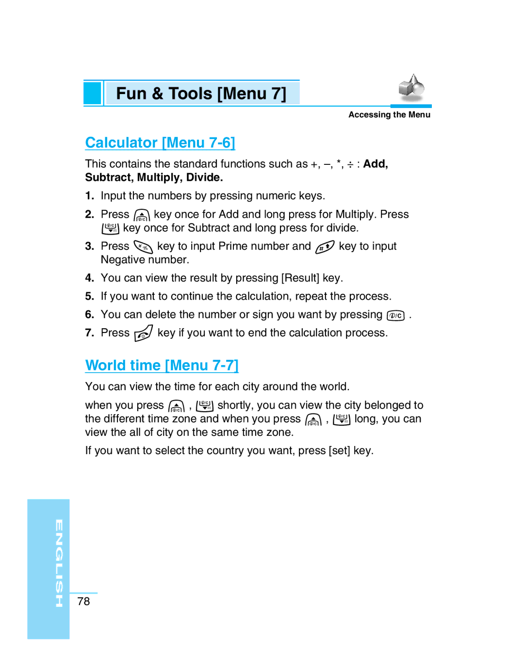 LG Electronics G5300 user manual Calculator Menu, World time Menu, Subtract, Multiply, Divide 