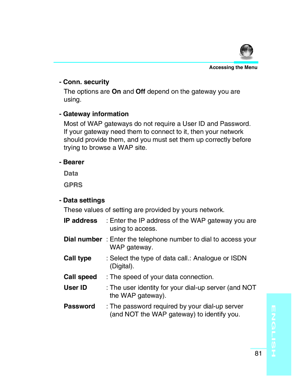 LG Electronics G5300 user manual Conn. security, Gateway information, Bearer Data, Data settings 