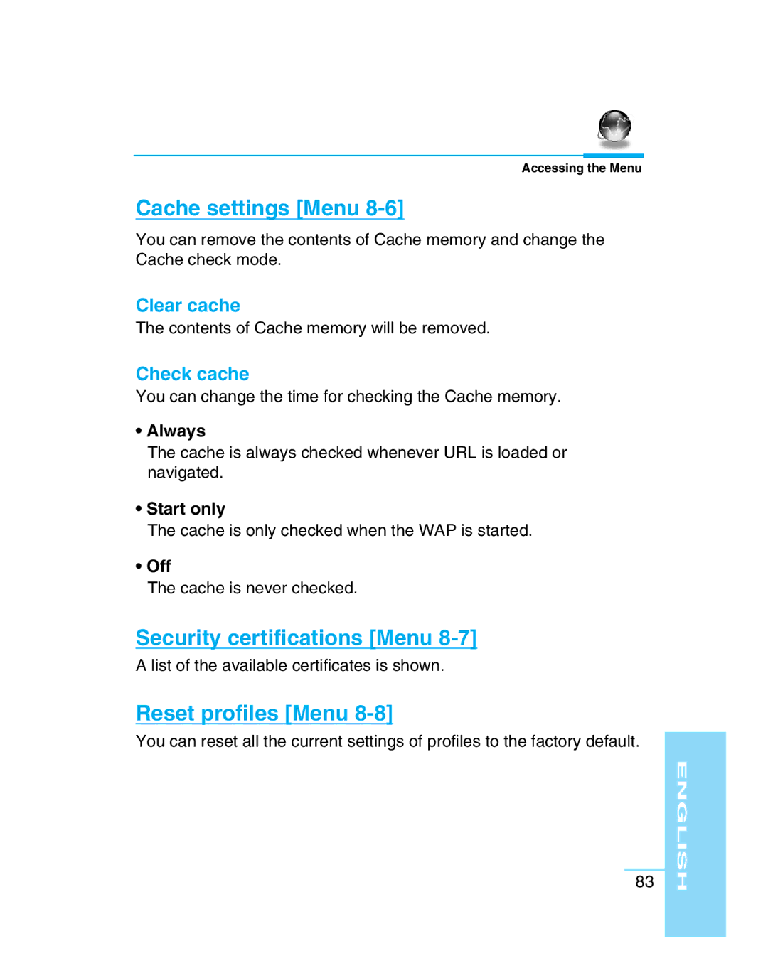 LG Electronics G5300 Cache settings Menu, Security certifications Menu, Reset profiles Menu, Clear cache, Check cache 