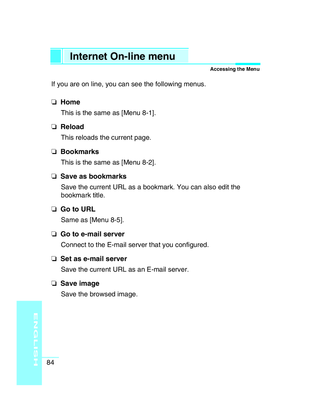 LG Electronics G5300 user manual Internet On-line menu 