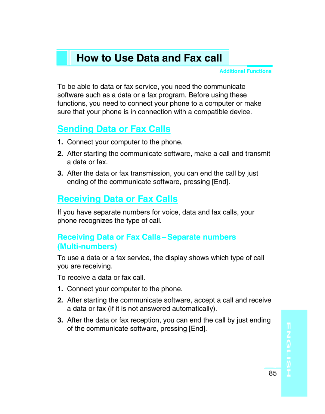 LG Electronics G5300 user manual How to Use Data and Fax call, Sending Data or Fax Calls, Receiving Data or Fax Calls 