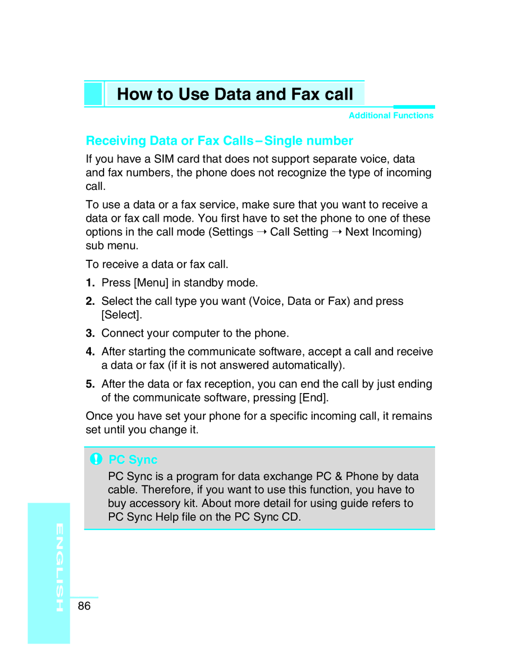 LG Electronics G5300 user manual Receiving Data or Fax Calls Single number, PC Sync 