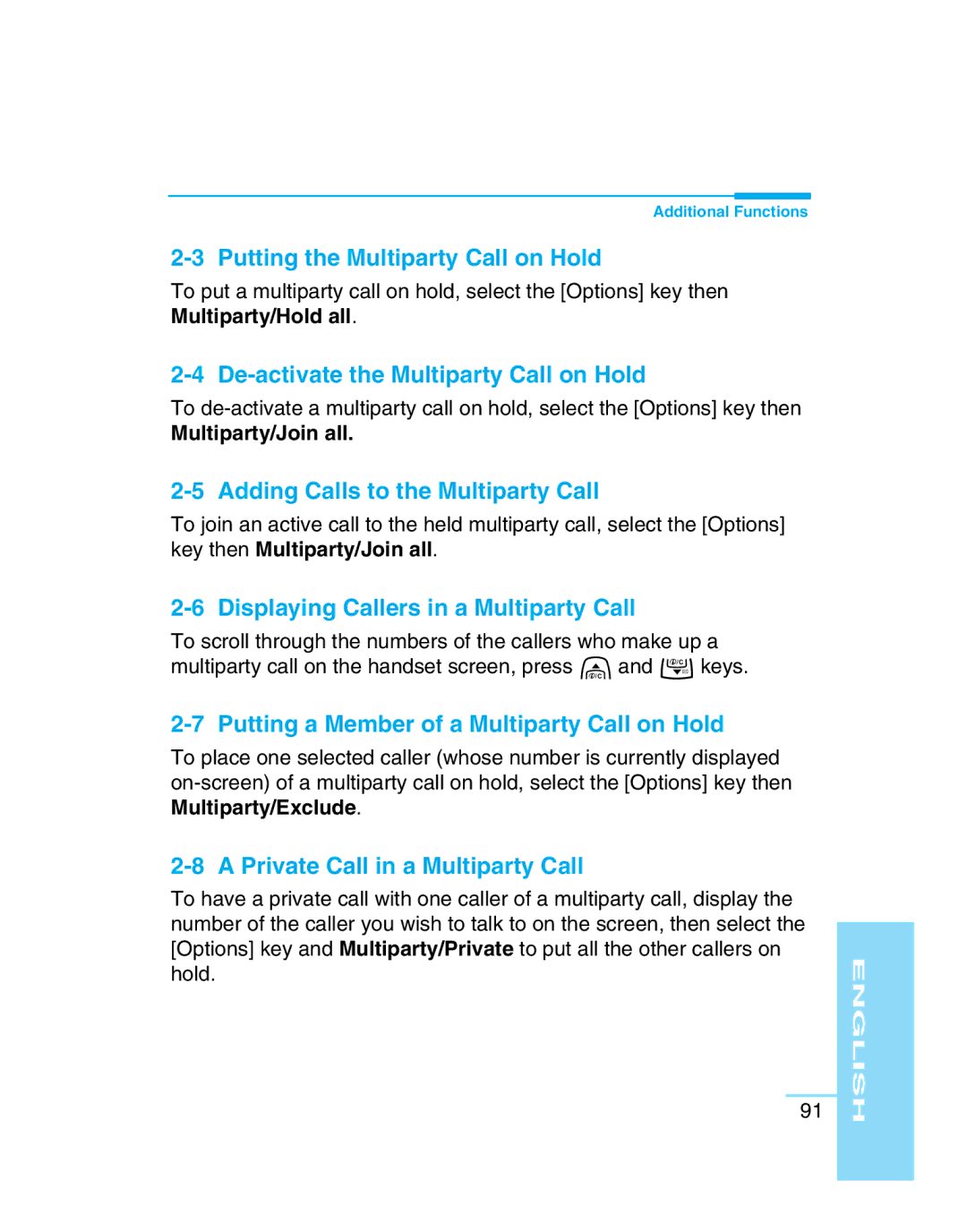 LG Electronics G5300 user manual Putting the Multiparty Call on Hold, De-activate the Multiparty Call on Hold 