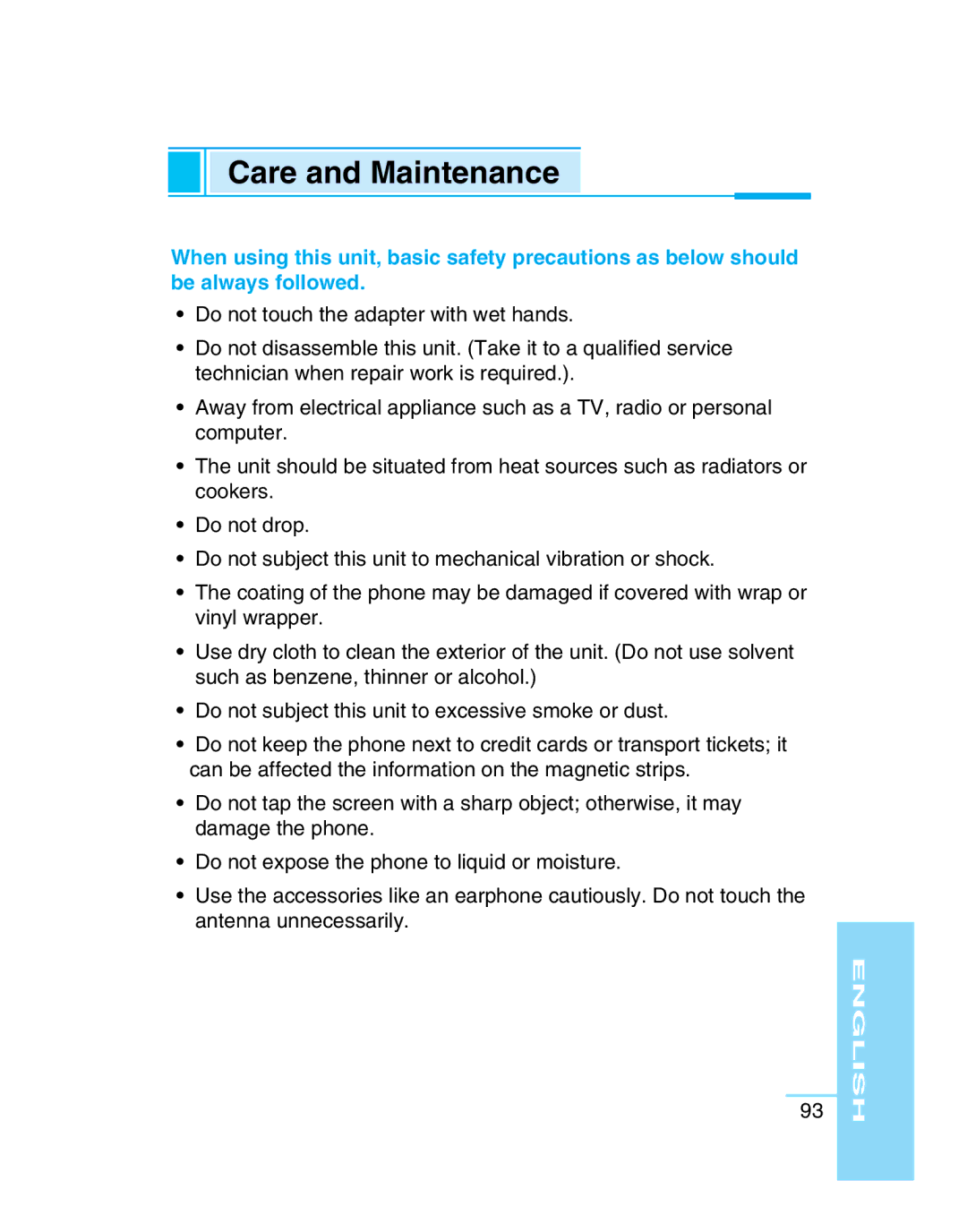 LG Electronics G5300 user manual Care and Maintenance 