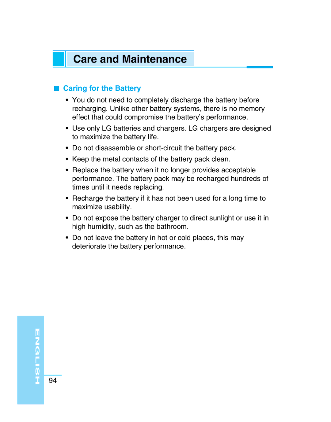 LG Electronics G5300 user manual Caring for the Battery 