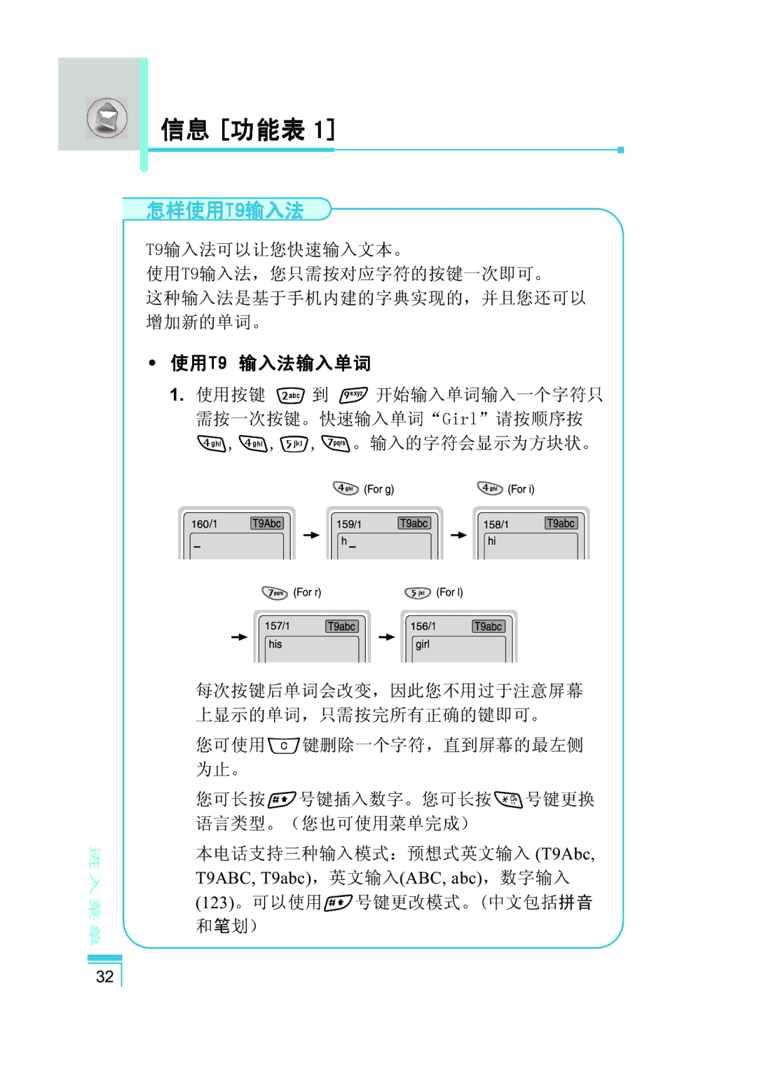 LG Electronics G5400 user manual 怎样使用T9输入法, 使用T9 输入法输入单词 