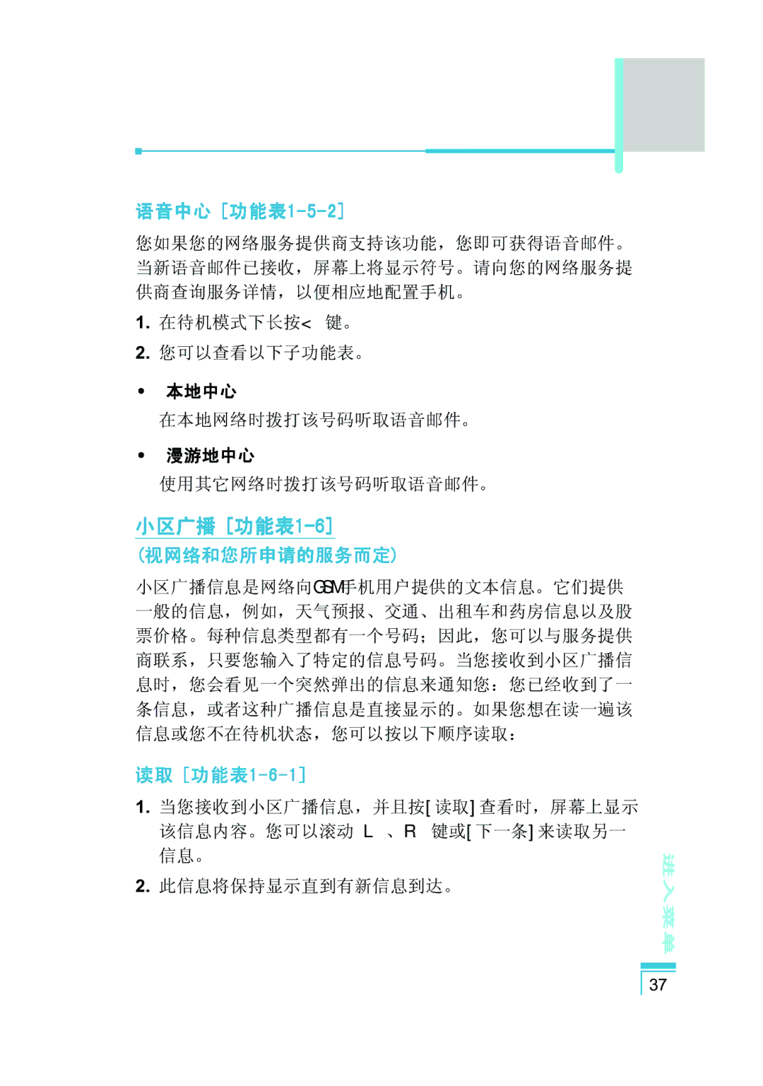 LG Electronics G5400 user manual 小区广播 功能表1-6, 语音中心 功能表1-5-2, 视网络和您所申请的服务而定 