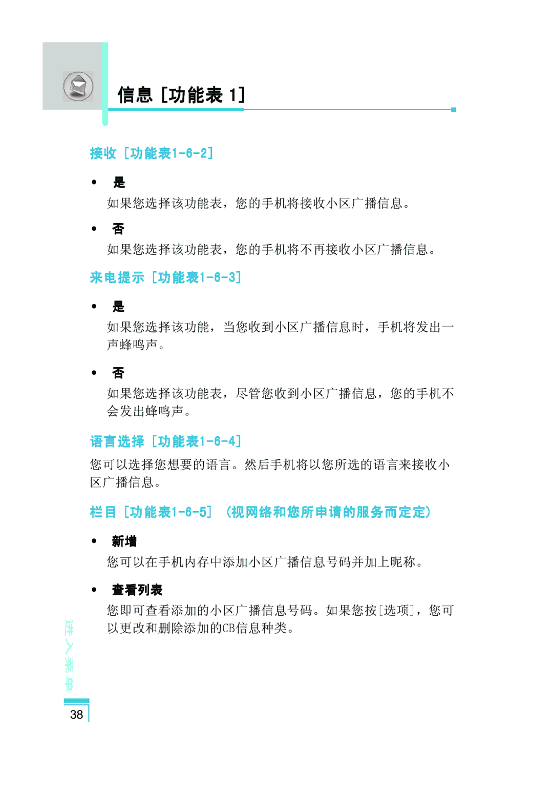 LG Electronics G5400 user manual 来电提示 功能表1-6-3, 语言选择 功能表1-6-4, 栏目 功能表1-6-5 视网络和您所申请的服务而定定 