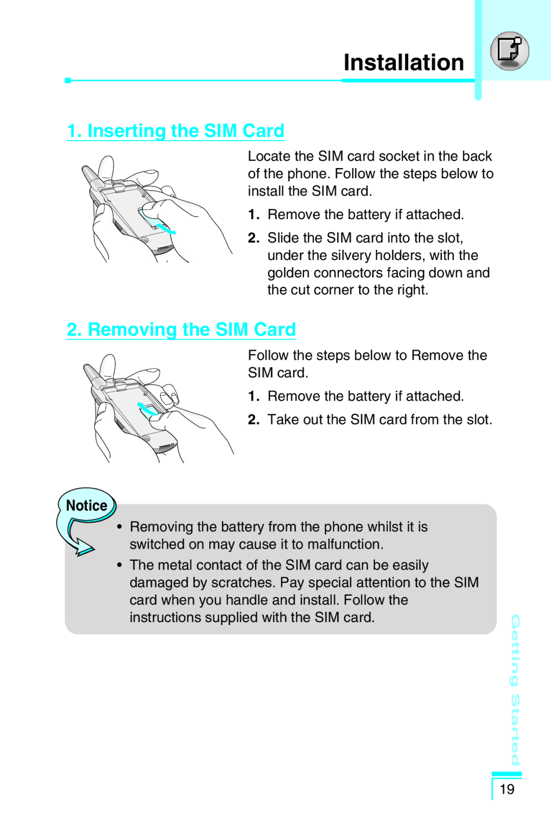 LG Electronics G5400 user manual Installation, Inserting the SIM Card, Removing the SIM Card 