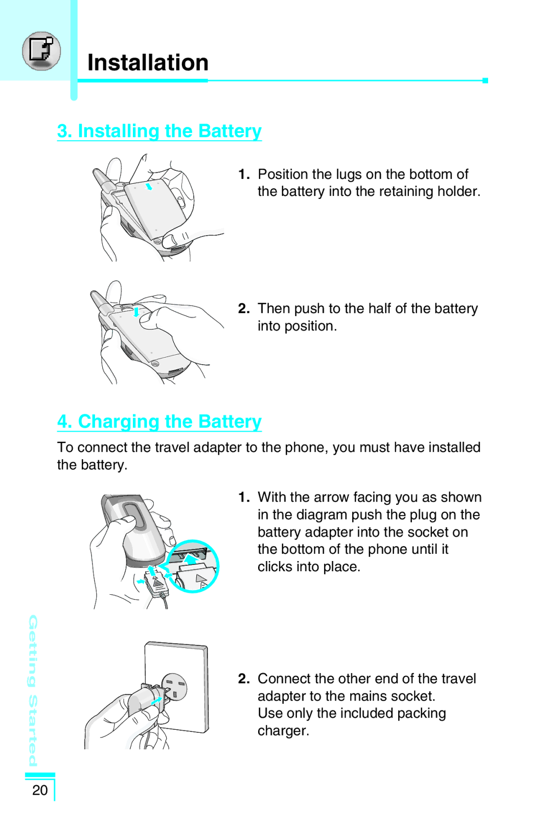 LG Electronics G5400 user manual Installing the Battery, Charging the Battery 