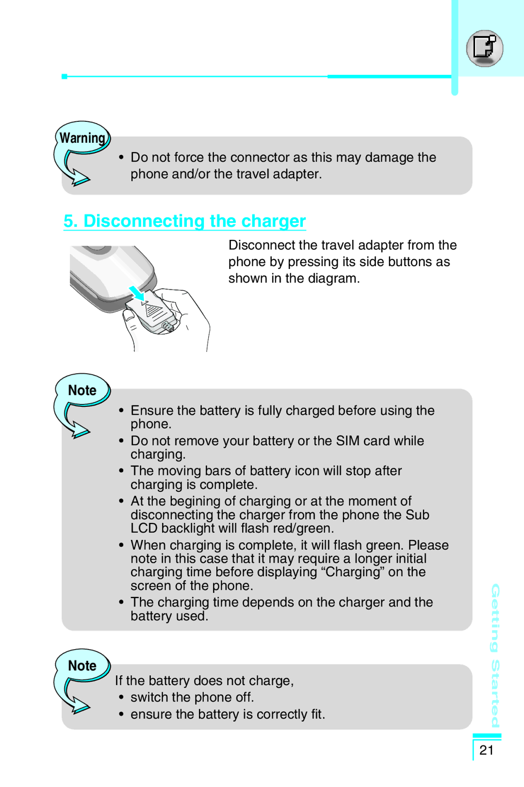 LG Electronics G5400 user manual Disconnecting the charger 