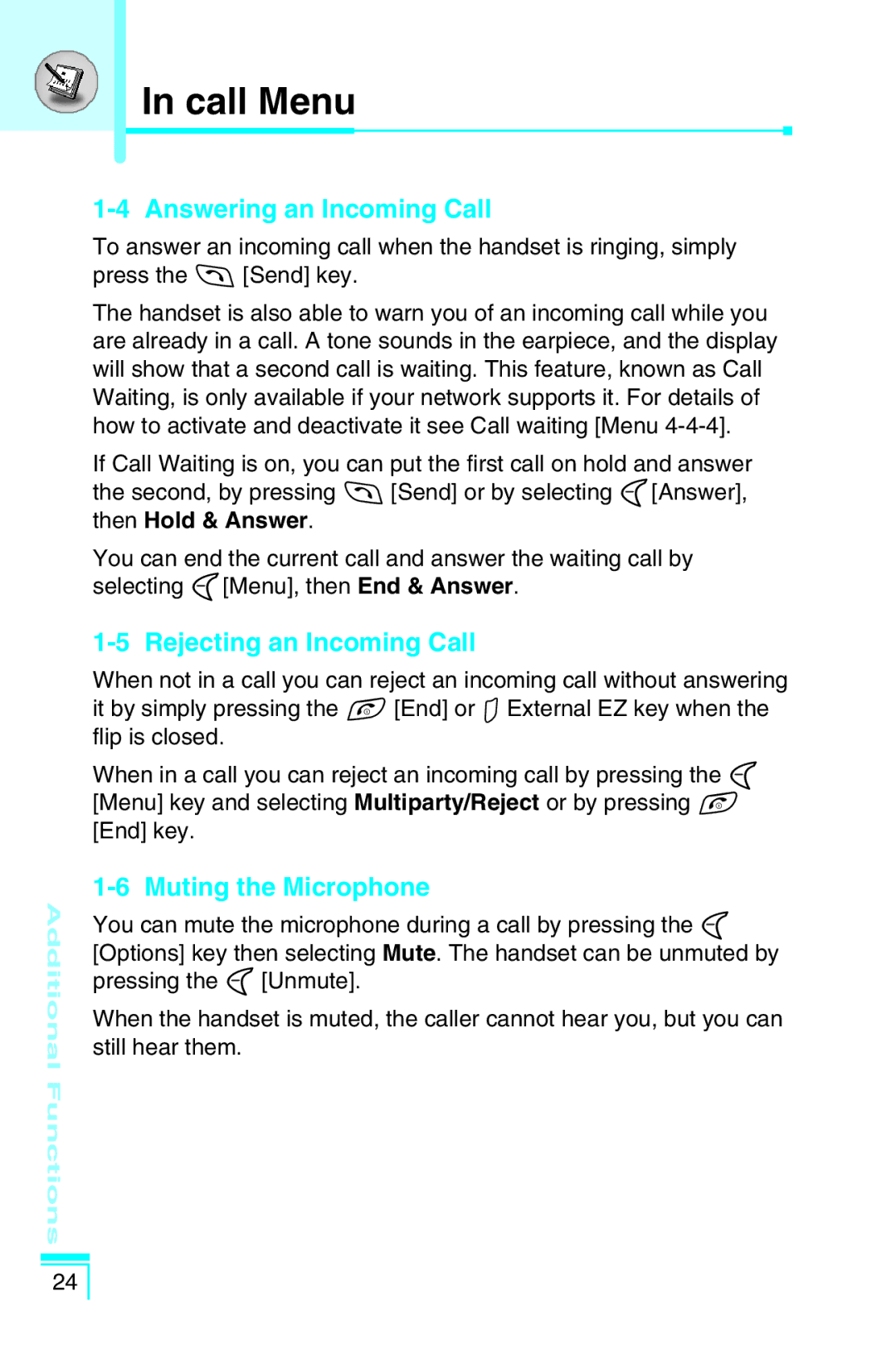 LG Electronics G5400 user manual Answering an Incoming Call, Rejecting an Incoming Call, Muting the Microphone 