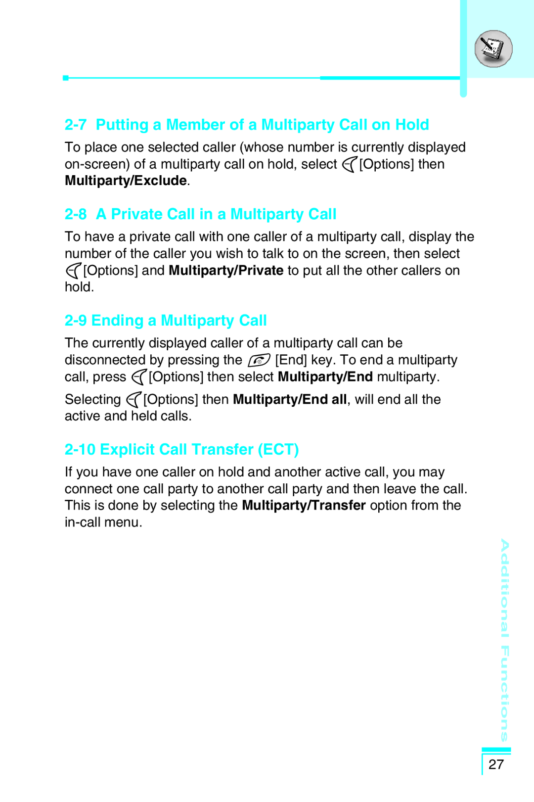 LG Electronics G5400 user manual Putting a Member of a Multiparty Call on Hold, Private Call in a Multiparty Call 