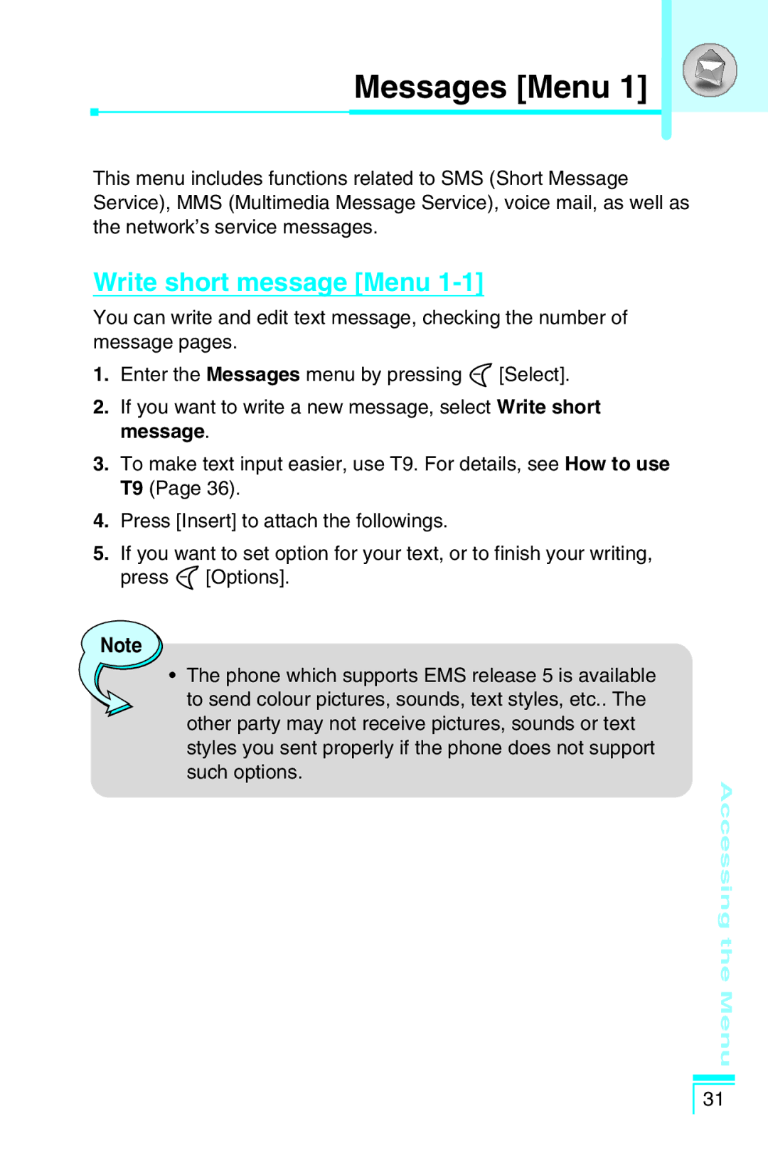 LG Electronics G5400 user manual Messages Menu, Write short message Menu 