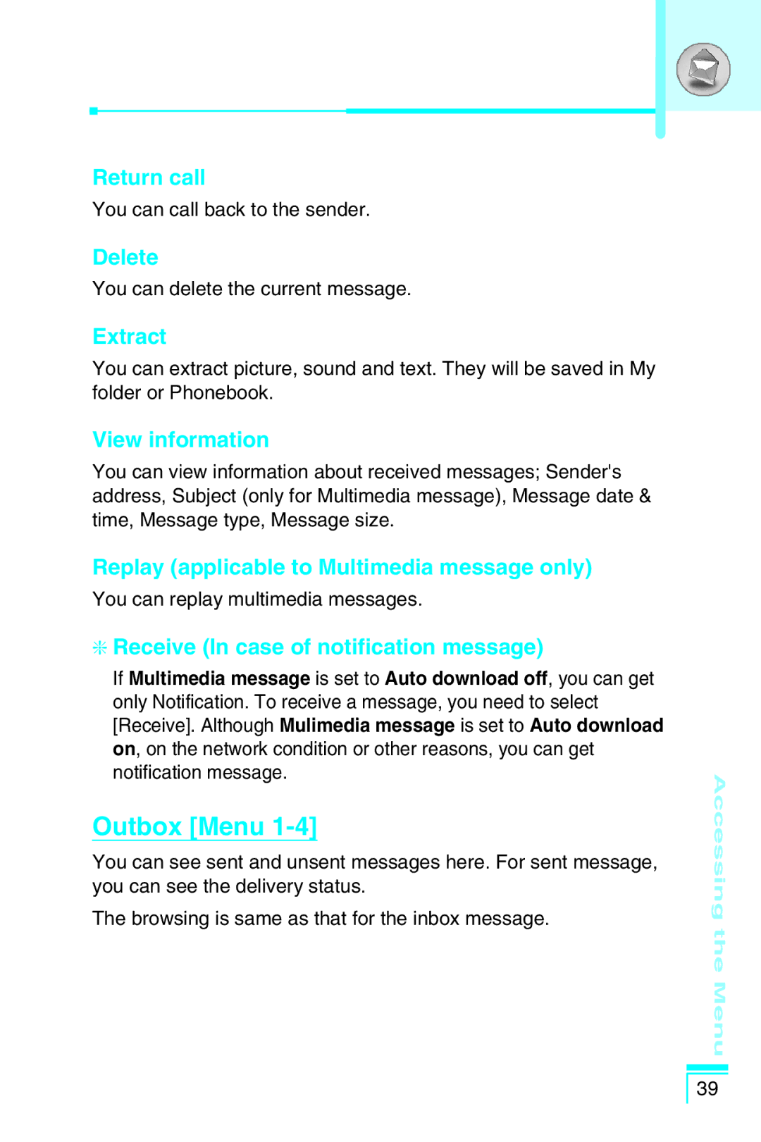 LG Electronics G5400 user manual Outbox Menu 