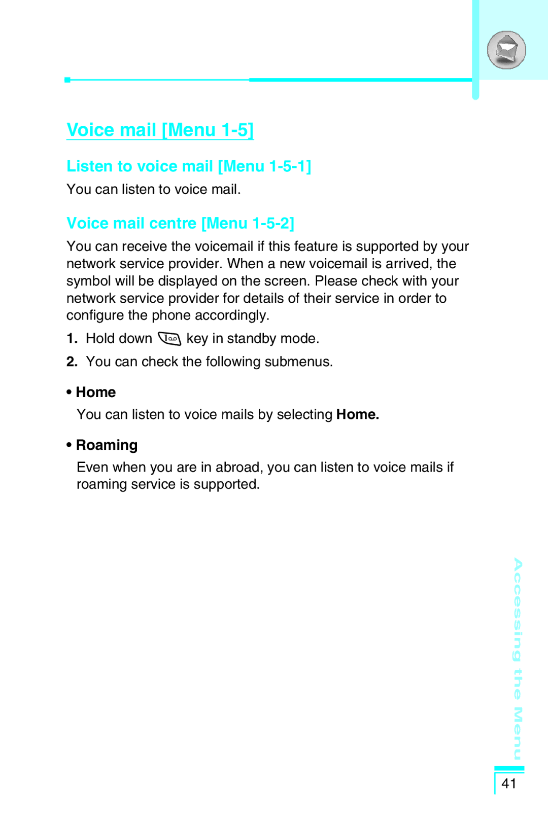 LG Electronics G5400 user manual Voice mail Menu, Listen to voice mail Menu, Voice mail centre Menu, Home, Roaming 