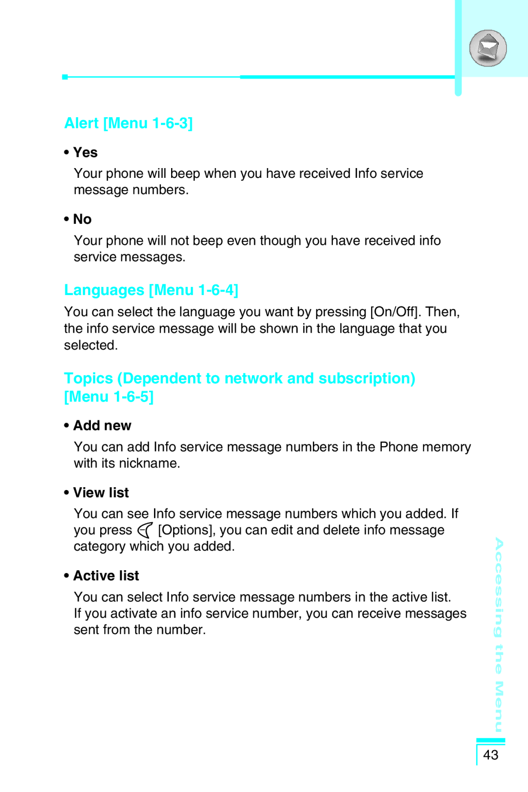 LG Electronics G5400 user manual Alert Menu, Languages Menu, Topics Dependent to network and subscription Menu 