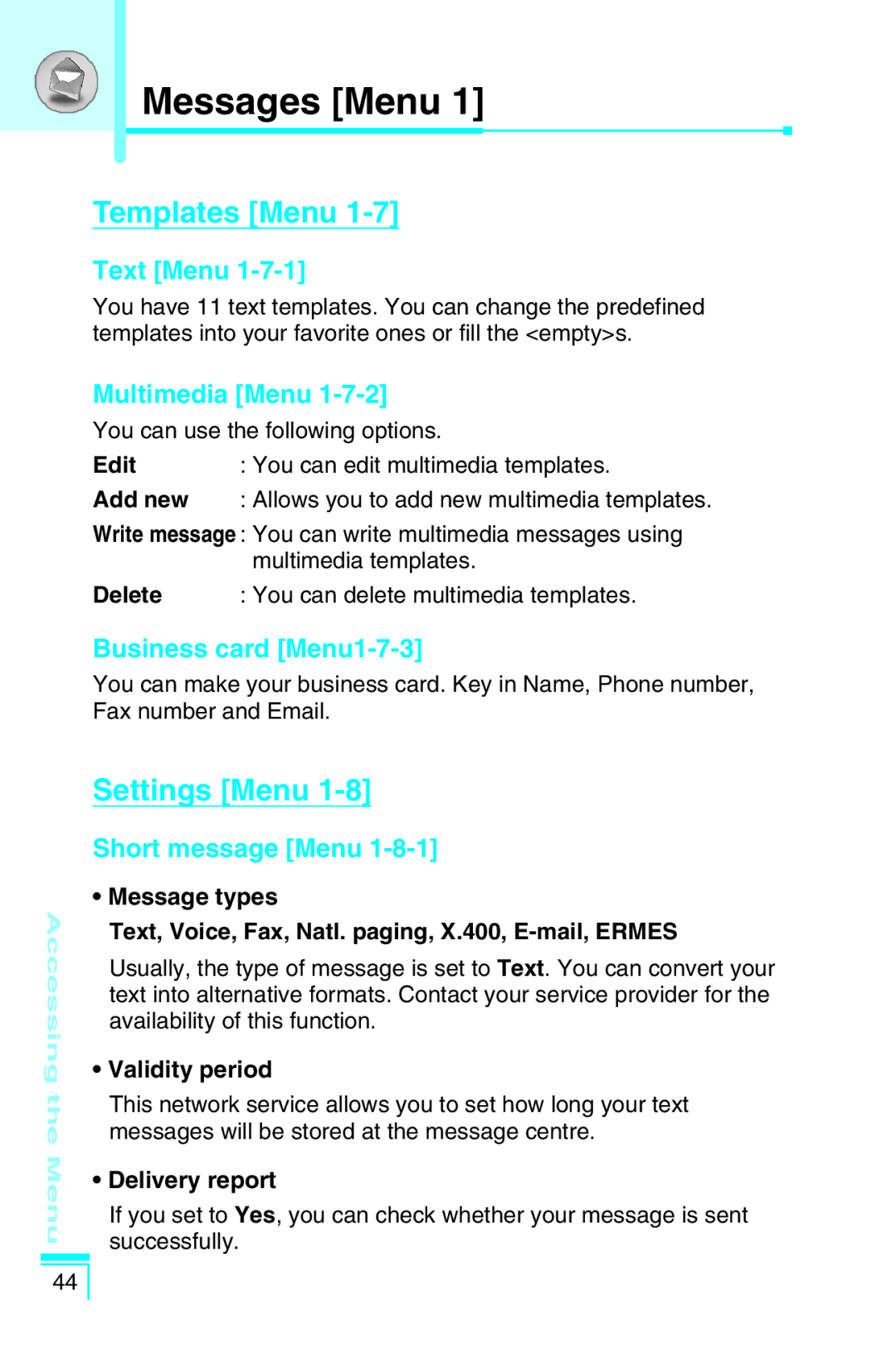 LG Electronics G5400 user manual Templates Menu, Settings Menu 