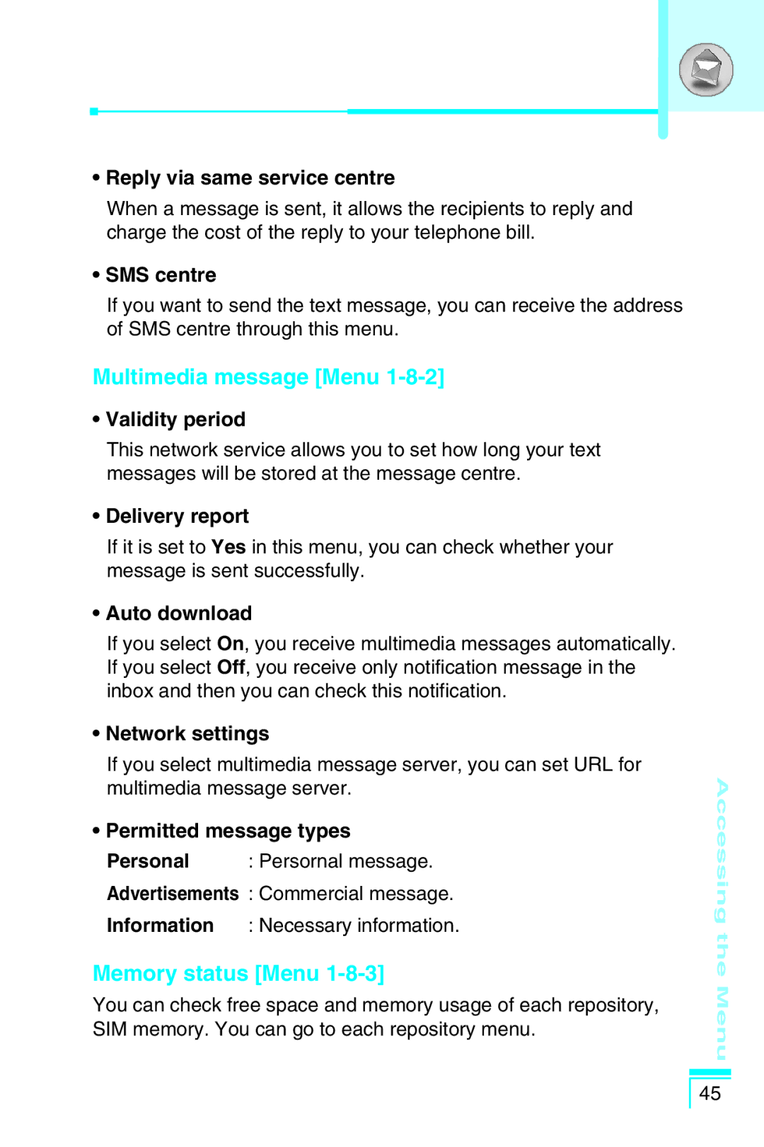 LG Electronics G5400 user manual Multimedia message Menu, Memory status Menu 