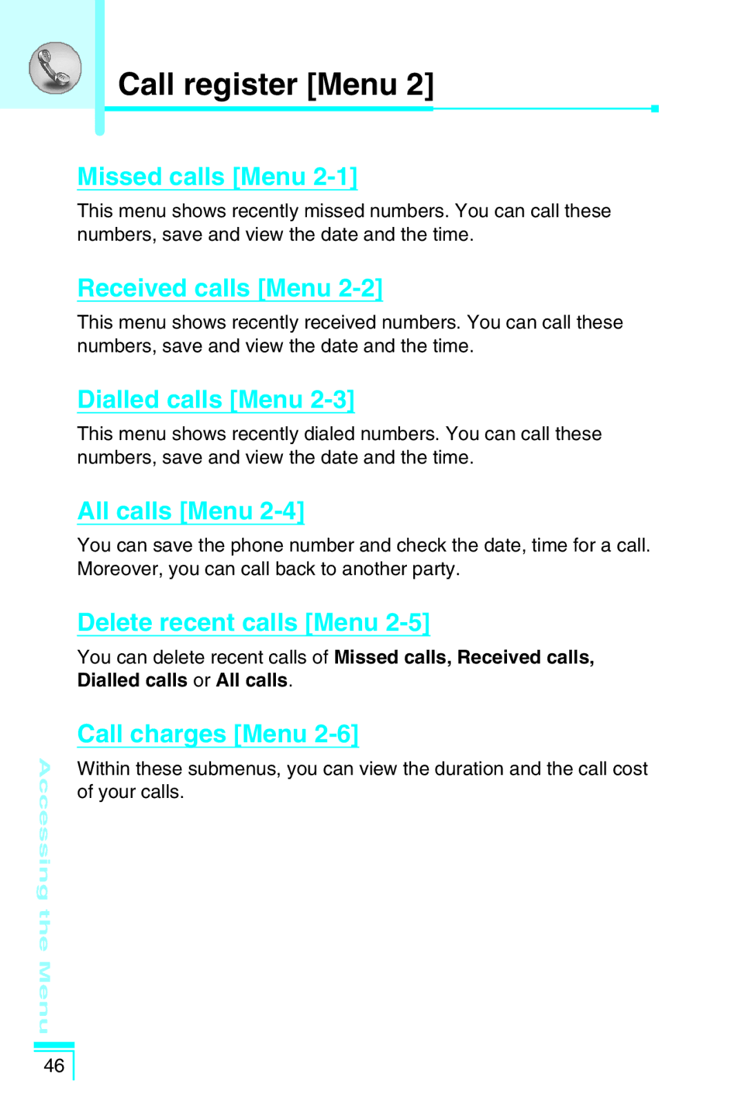 LG Electronics G5400 user manual Call register Menu 