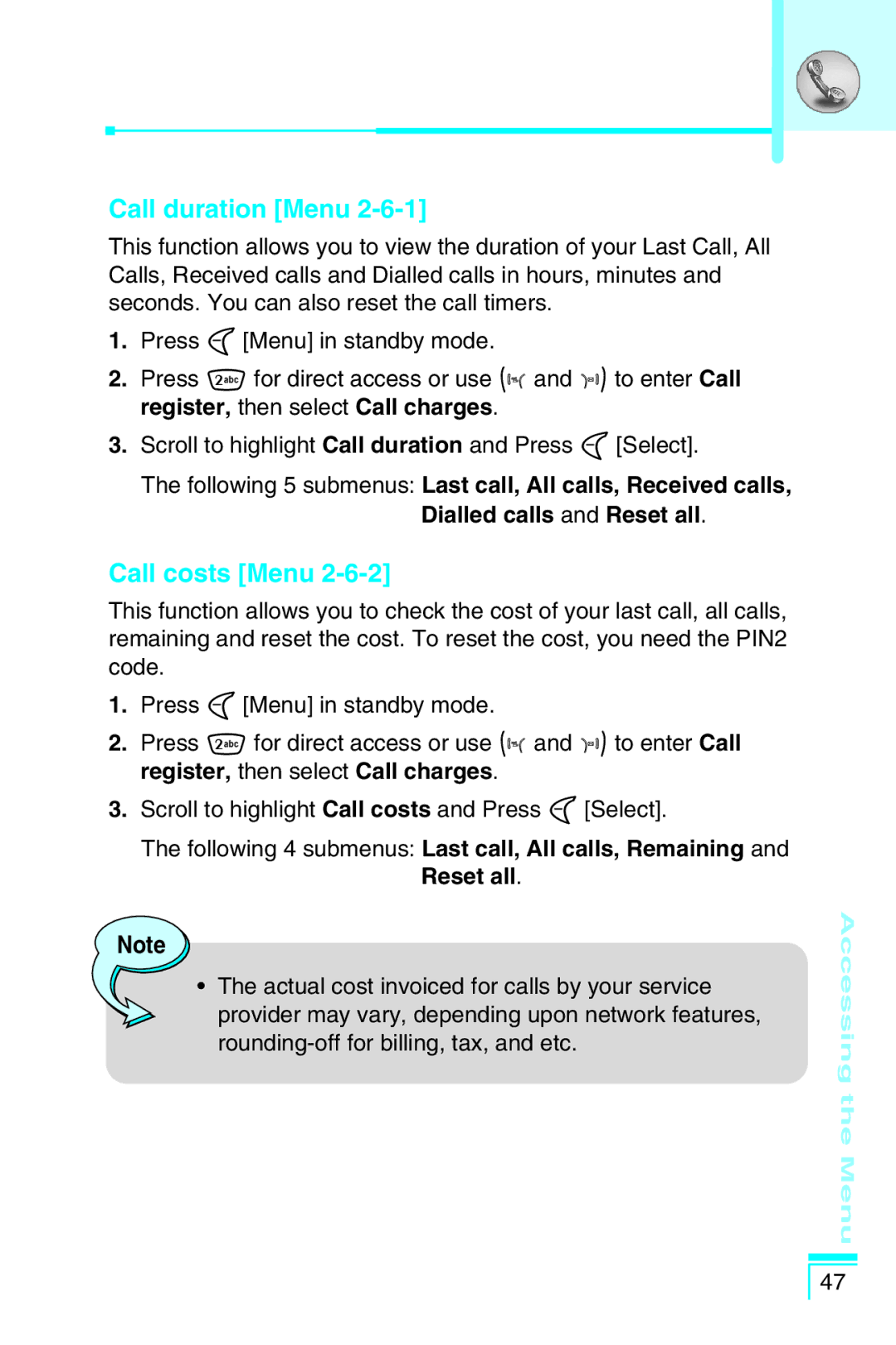 LG Electronics G5400 user manual Call duration Menu, Call costs Menu 