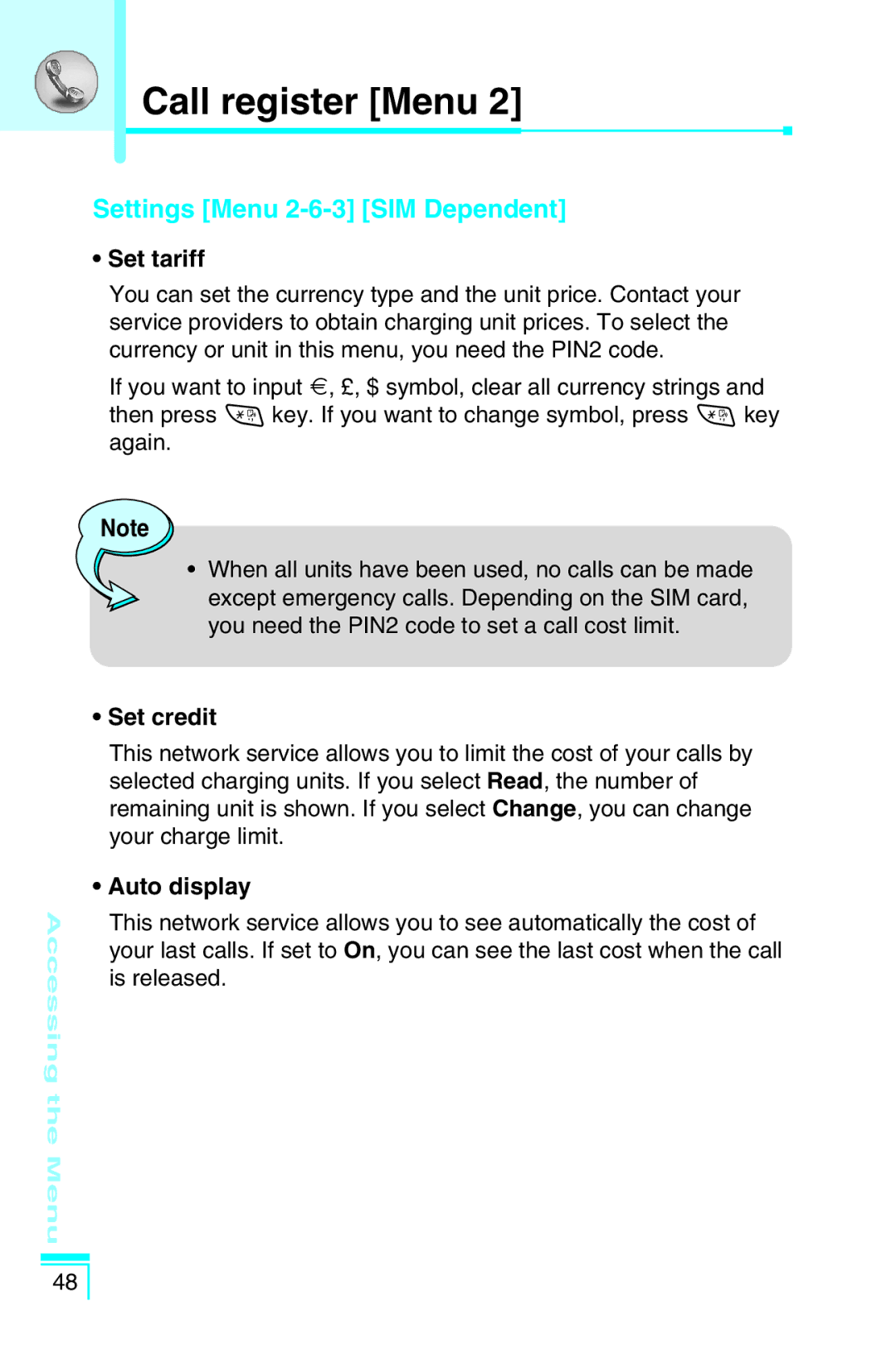 LG Electronics G5400 user manual Settings Menu 2-6-3 SIM Dependent, Set tariff, Set credit, Auto display 