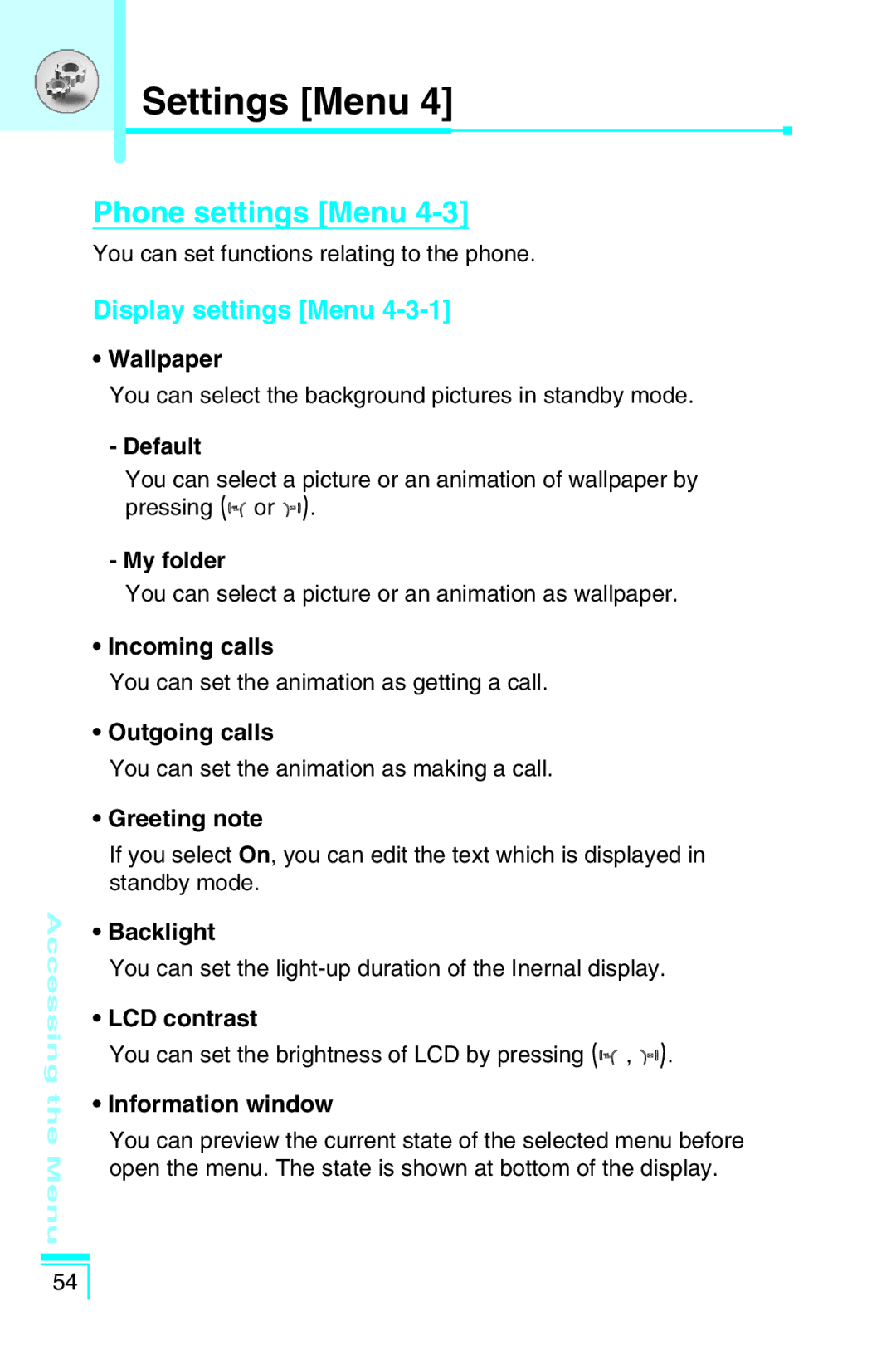 LG Electronics G5400 user manual Phone settings Menu, Display settings Menu 