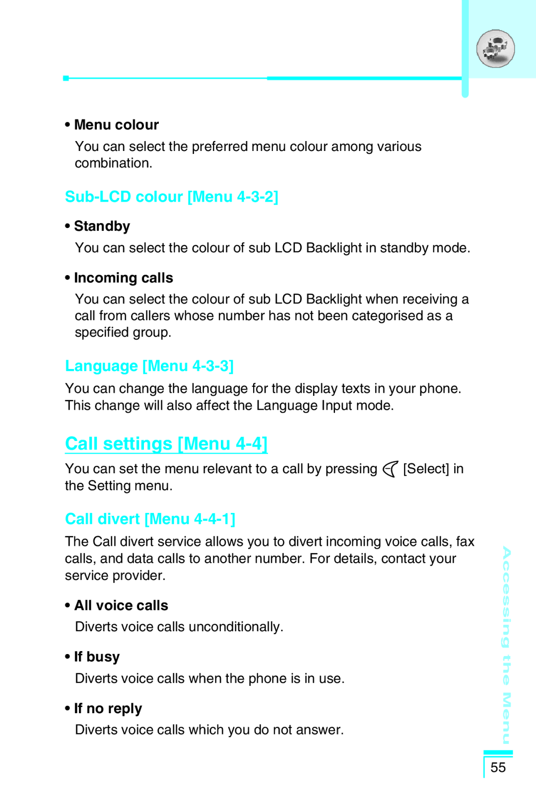 LG Electronics G5400 user manual Call settings Menu, Sub-LCD colour Menu, Language Menu, Call divert Menu 