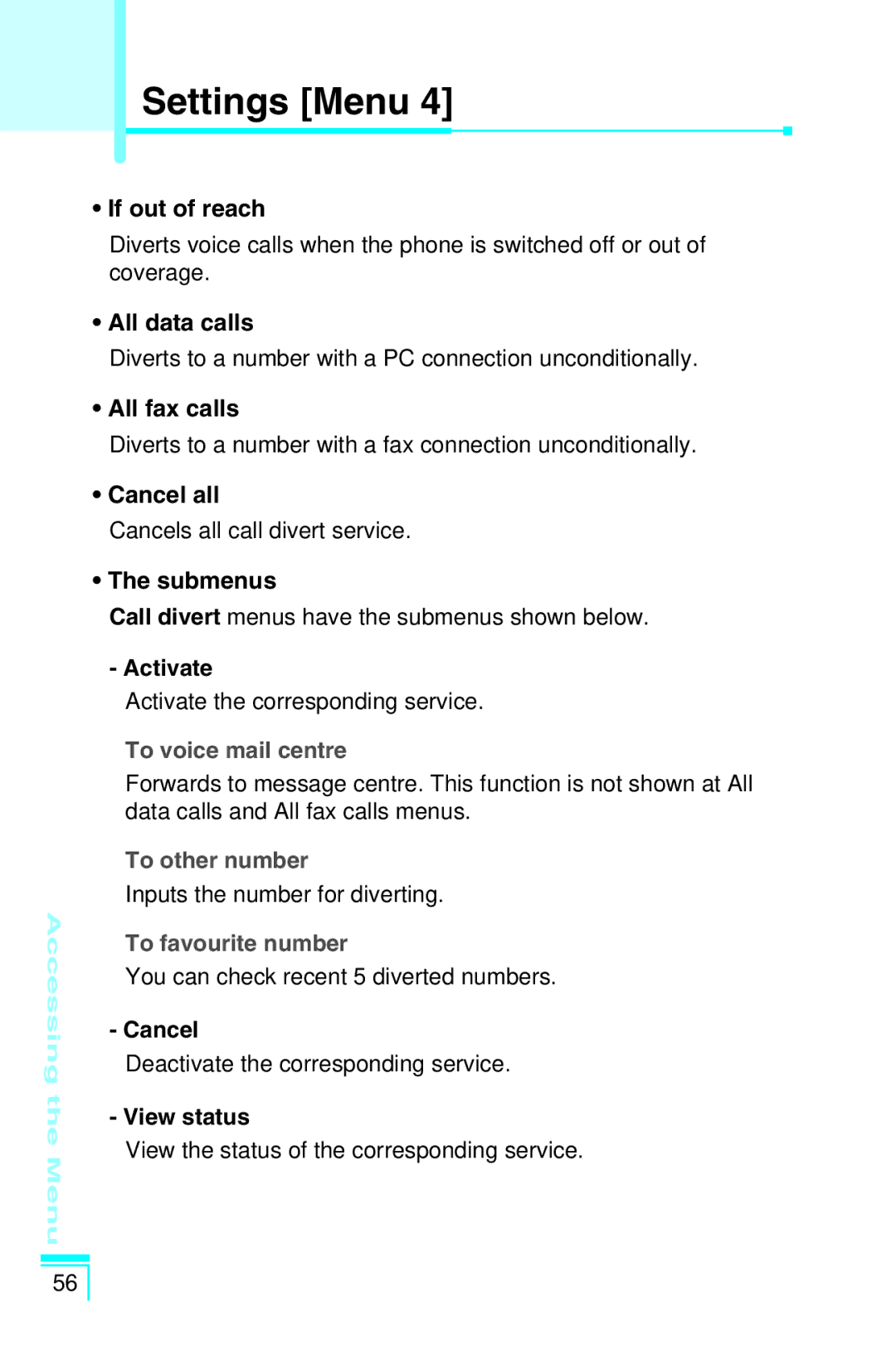 LG Electronics G5400 If out of reach, All data calls, All fax calls, Cancel all, Submenus, Activate, View status 