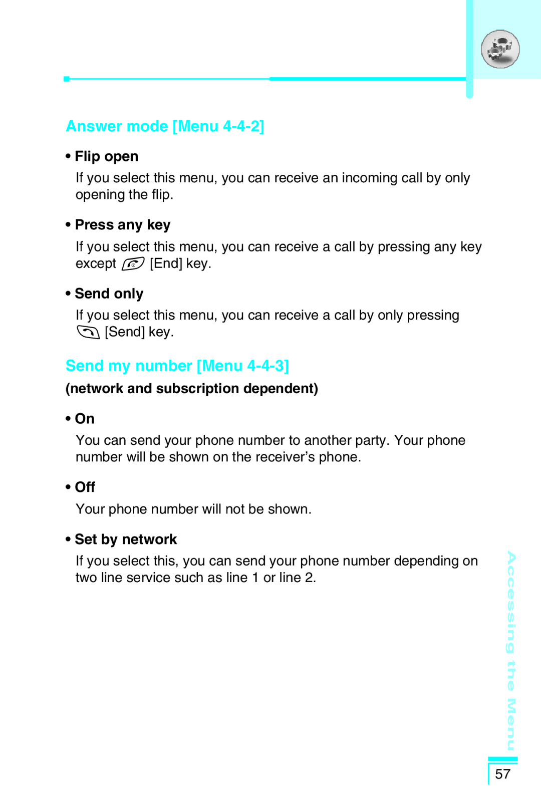 LG Electronics G5400 user manual Answer mode Menu, Send my number Menu 