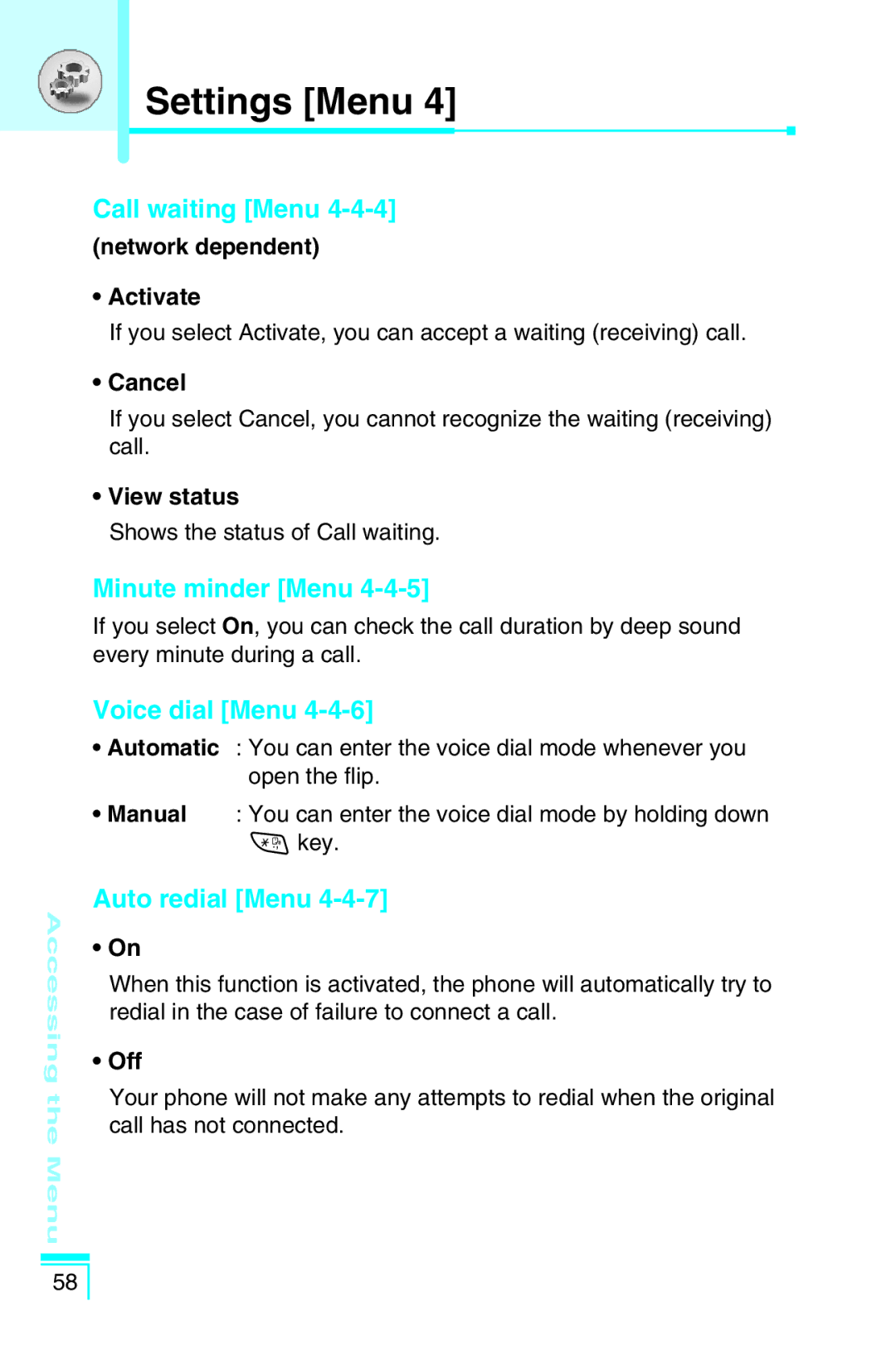 LG Electronics G5400 Call waiting Menu, Minute minder Menu, Voice dial Menu, Auto redial Menu, Network dependent Activate 