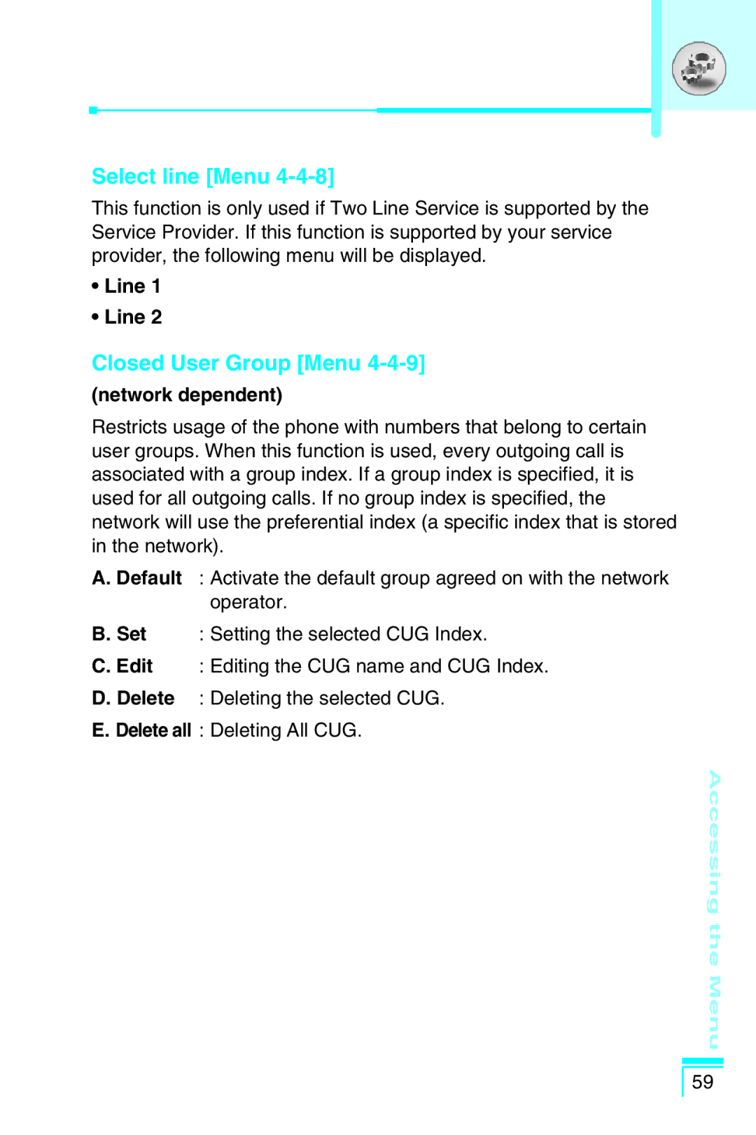 LG Electronics G5400 user manual Select line Menu, Closed User Group Menu, Line, Network dependent 