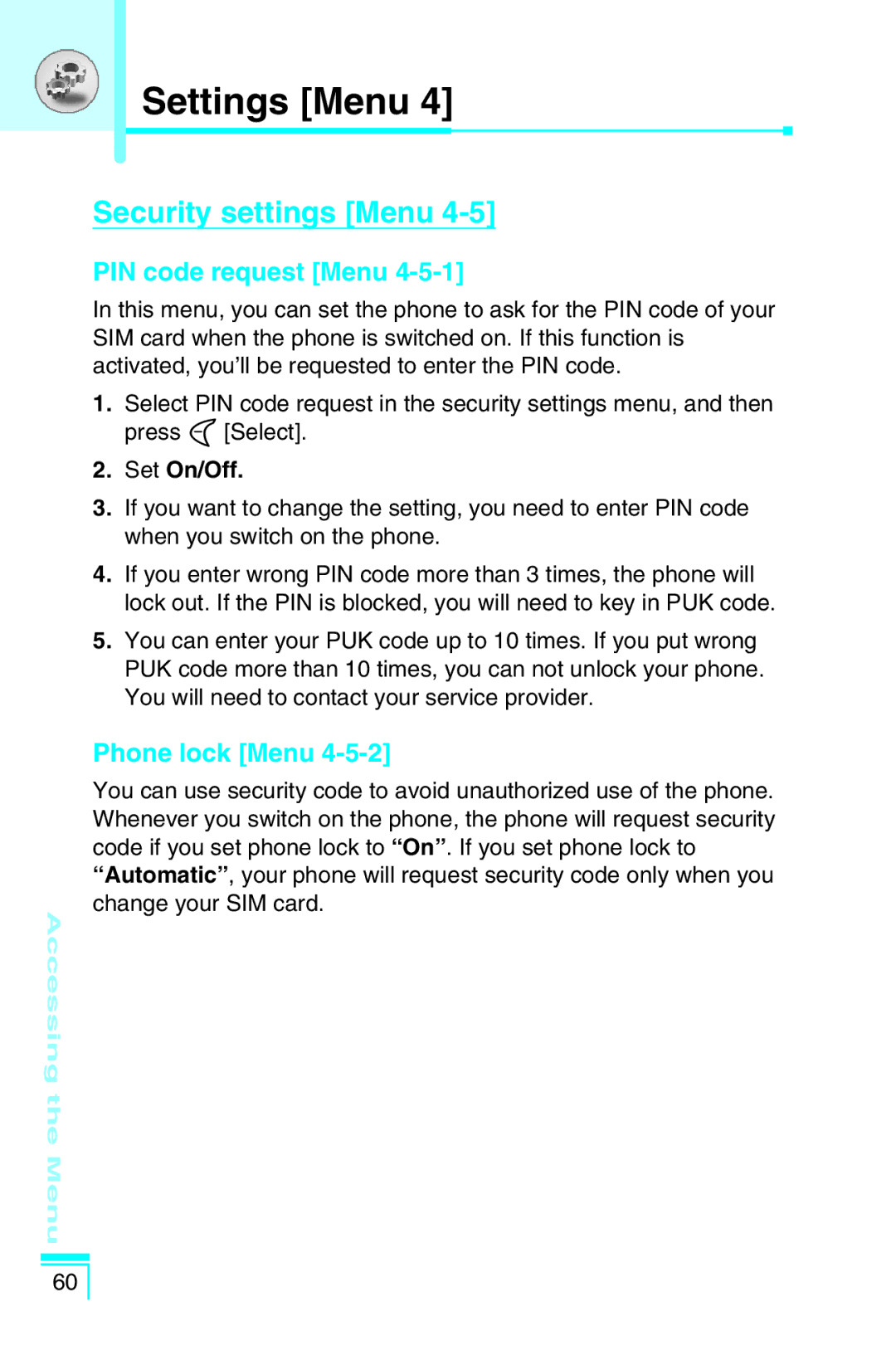 LG Electronics G5400 user manual Security settings Menu, PIN code request Menu, Phone lock Menu, Set On/Off 